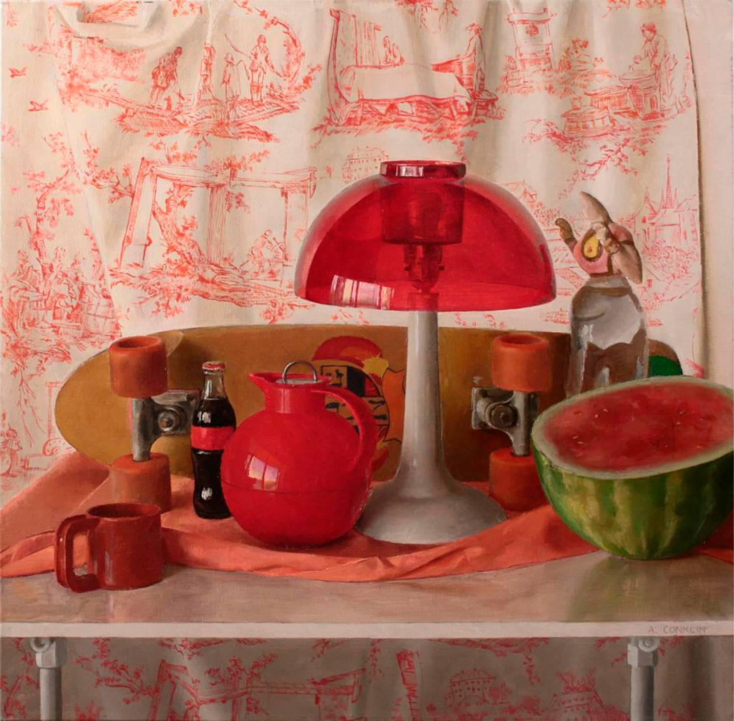 Andrew S. Conklin Still-Life Painting - Square Red Still Life - Original Oil Painting with Skateboard and Mixed Objects