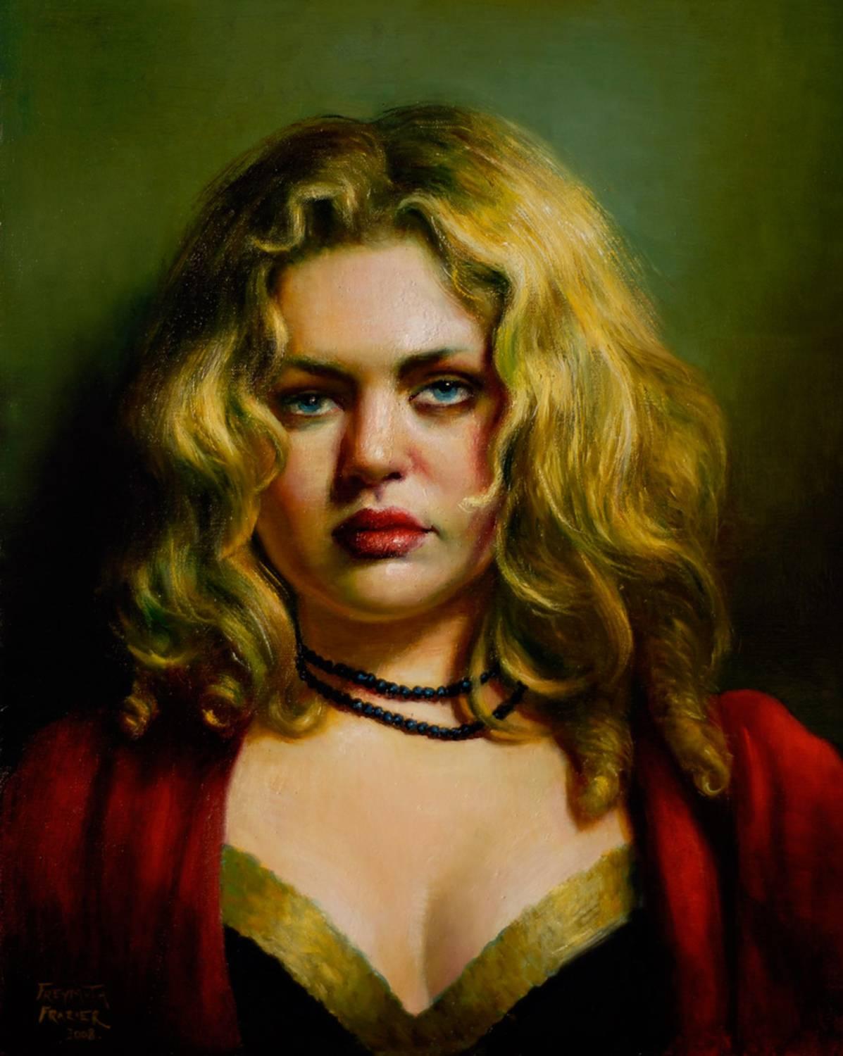 Rose Freymuth-Frazier Figurative Painting - Jessica - Young Woman in Red, Black an Gold Stares at Viewer, Oil Painting