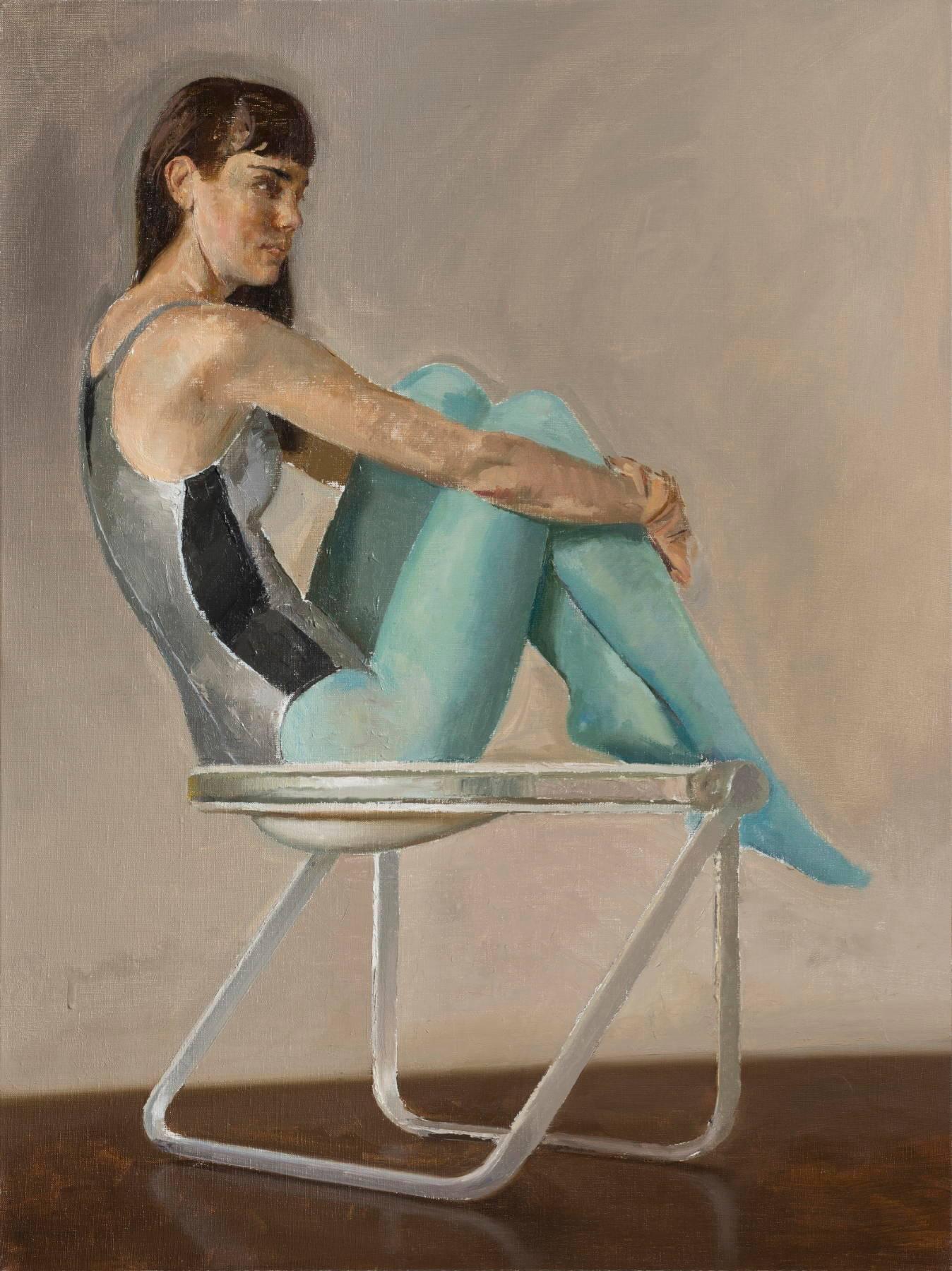 Andrew S. Conklin Figurative Painting - Lily in Blue Tights on Pluff Chair - Oil Painting Figure and Vintage Chair Study
