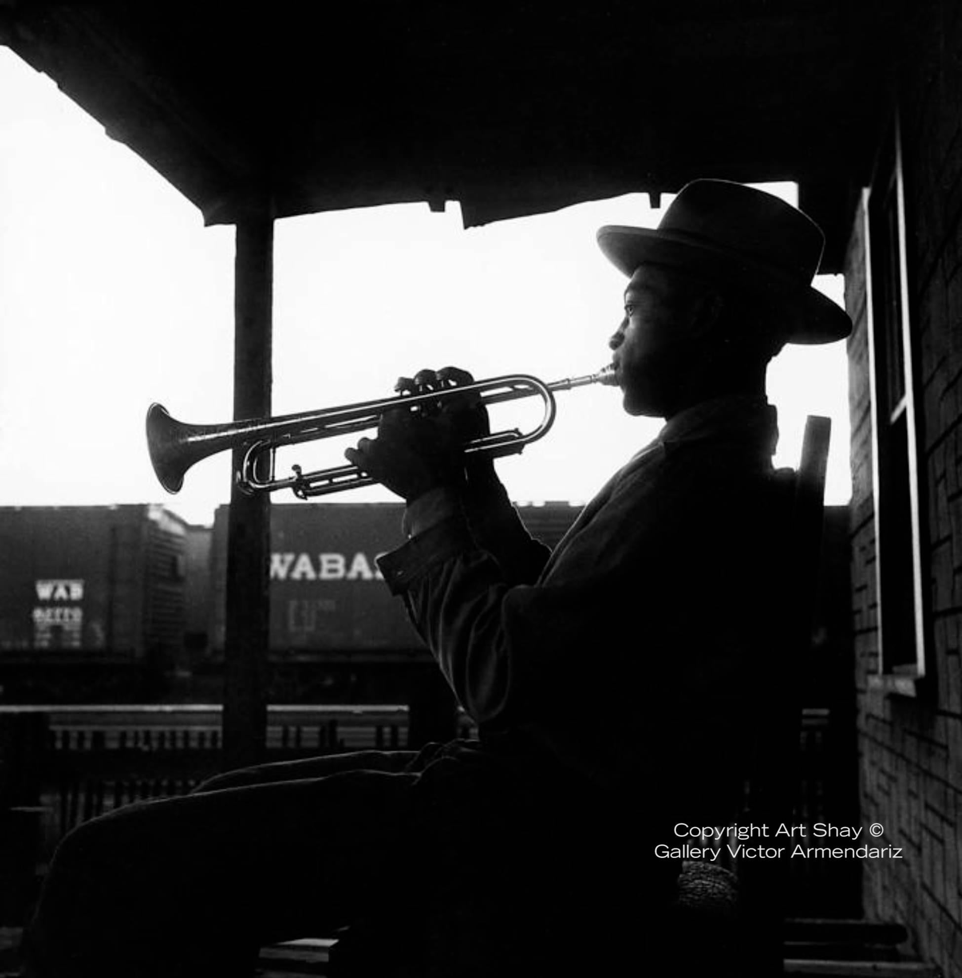 Art Shay Black and White Photograph - Brooklyn, Illinois, Trumpet Player, 1952