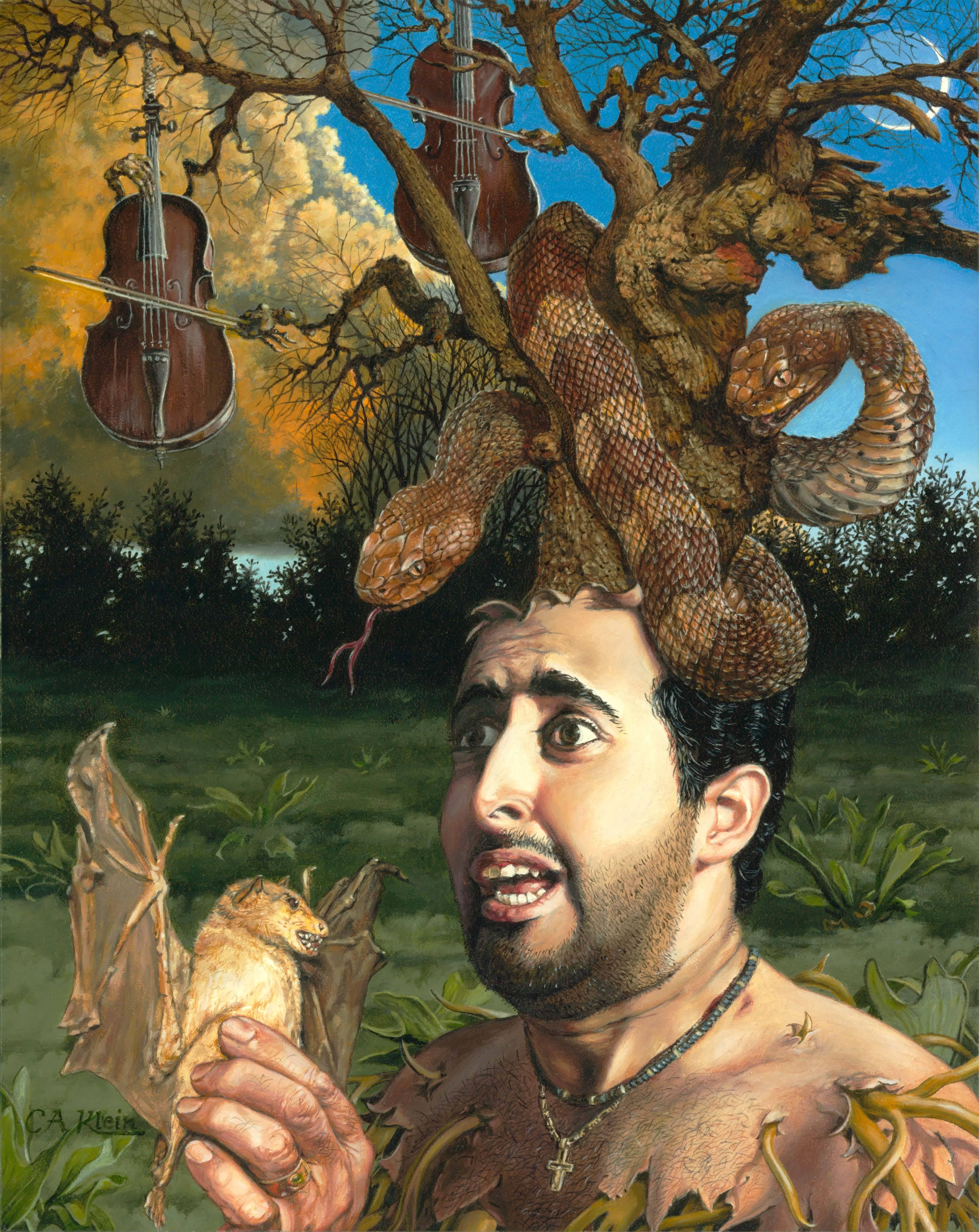 The Duet -Original Oil Surreal Painting of Man with Tree Growing Out of His Head
