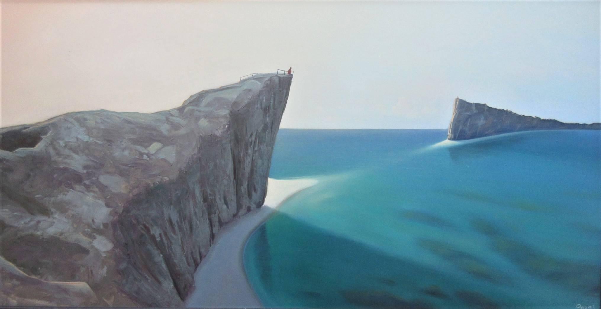 René Monzón Relova “Pozas” Landscape Painting - The Dialogue, Surrealist Landscape with Aqua Blue Ocean and Rocky Cliffs, Framed