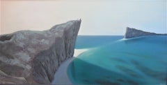 The Dialogue, Surrealist Landscape with Aqua Blue Ocean and Rocky Cliffs, Framed