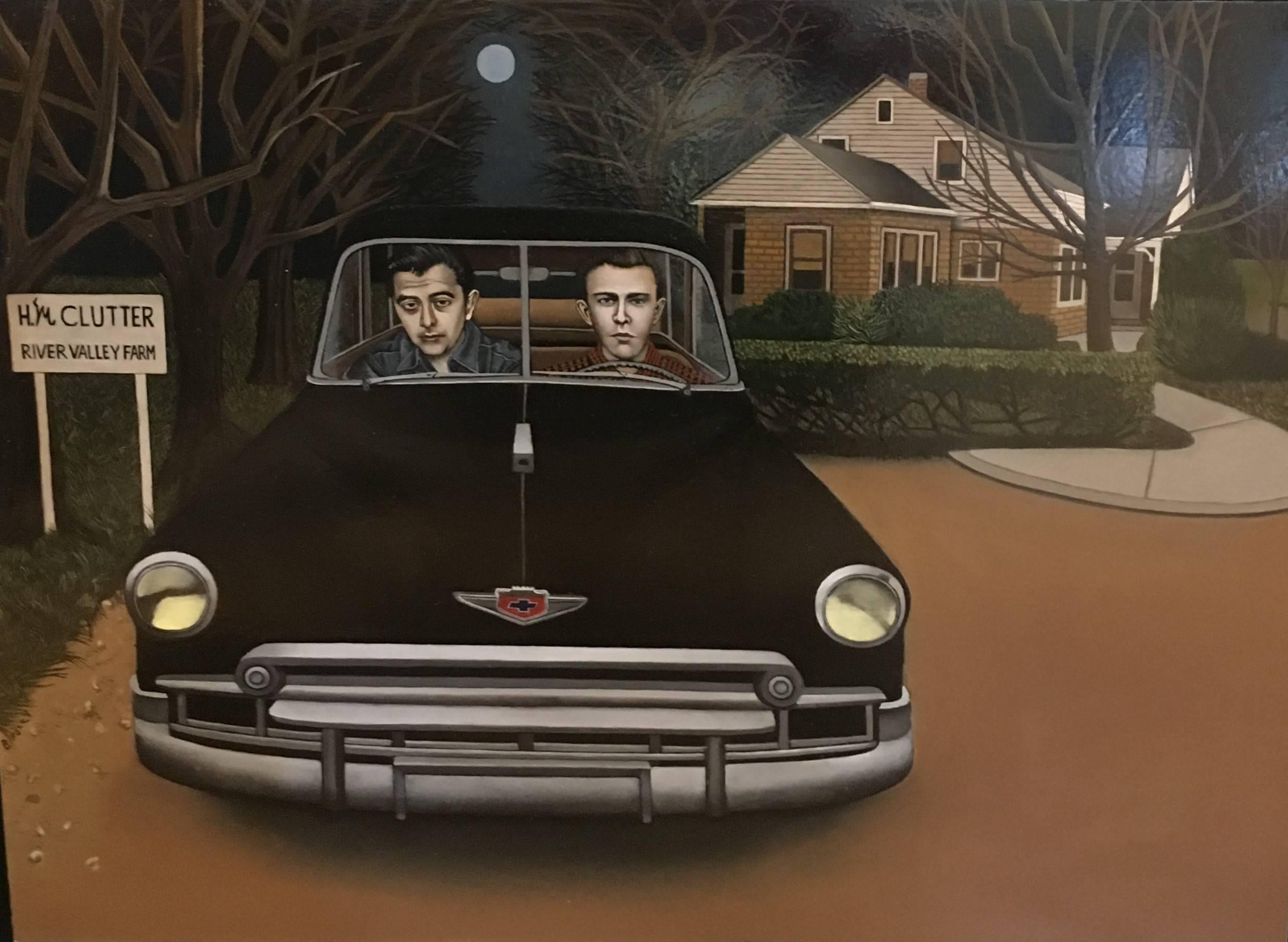 Beth Foley Figurative Painting - Criminals in Cars:  Dick & Perry