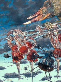 Heli Hatchlings, Surreal Oil Painting - Giant Chameleons Crab Apples Helicopter