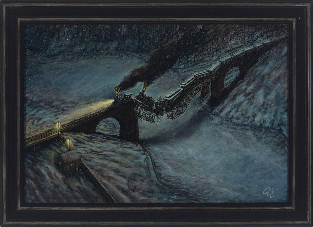 Ashtabula Schleppe Trestle Collapse - Gemälde historischer Katastrophen, Öl auf Leinen – Painting von Eric Edward Esper
