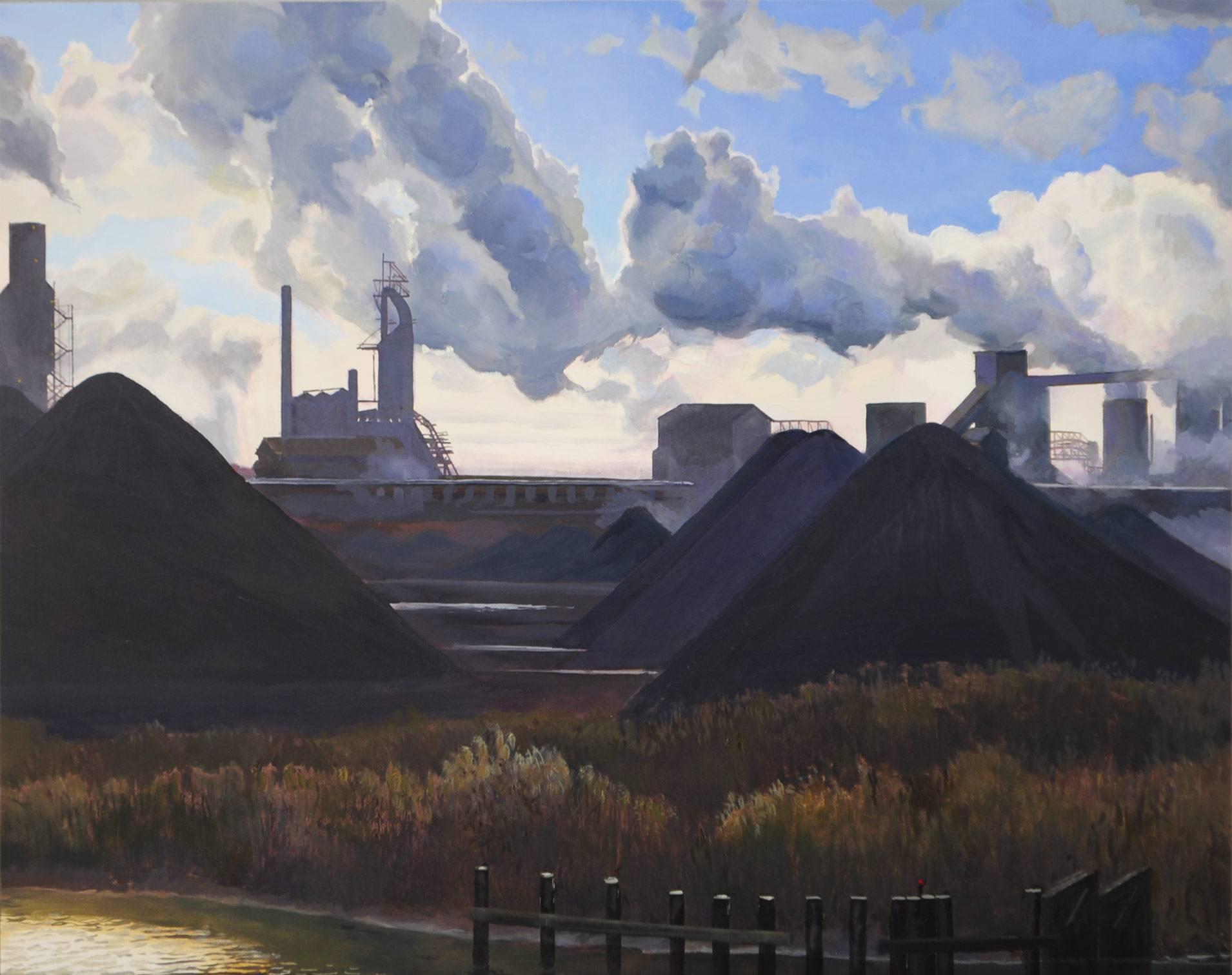 Protected Area, Steaming Smoke Stacks, Industrial Buildings & Coal, Oil on Panel