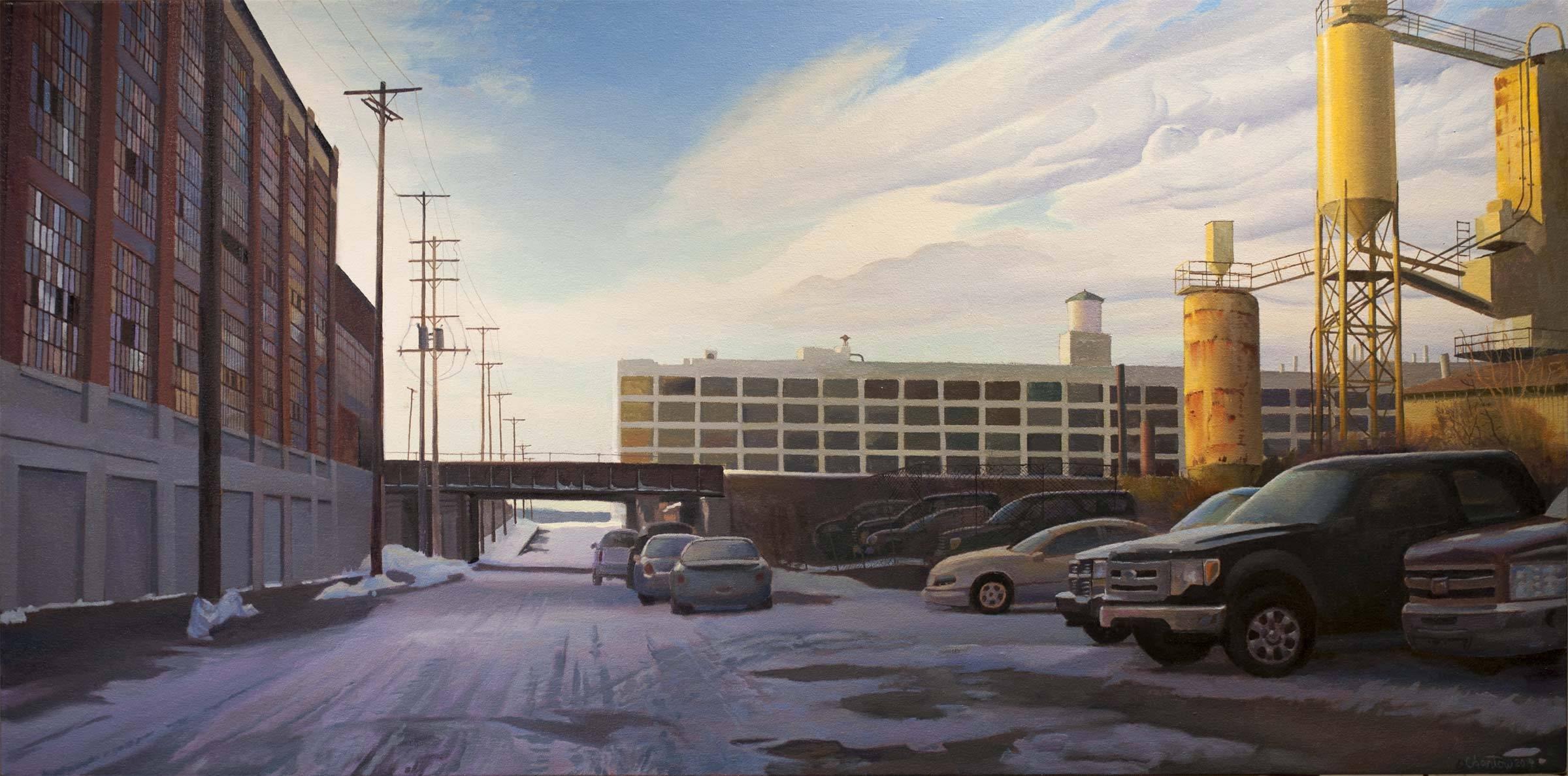 Art Chartow Landscape Painting – Doppelter Overtime-Shift, urbane Industrielandschaft, zeitgenössische realistische Malerei