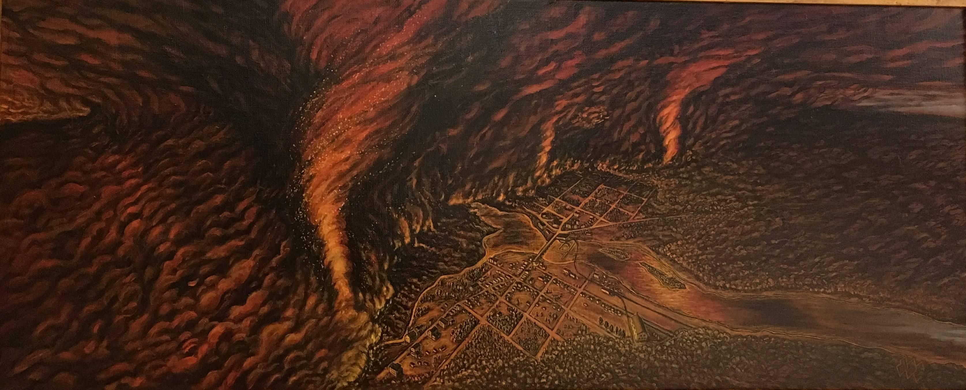 Eric Edward Esper Landscape Painting – Der Feuersturm von Peshtigo