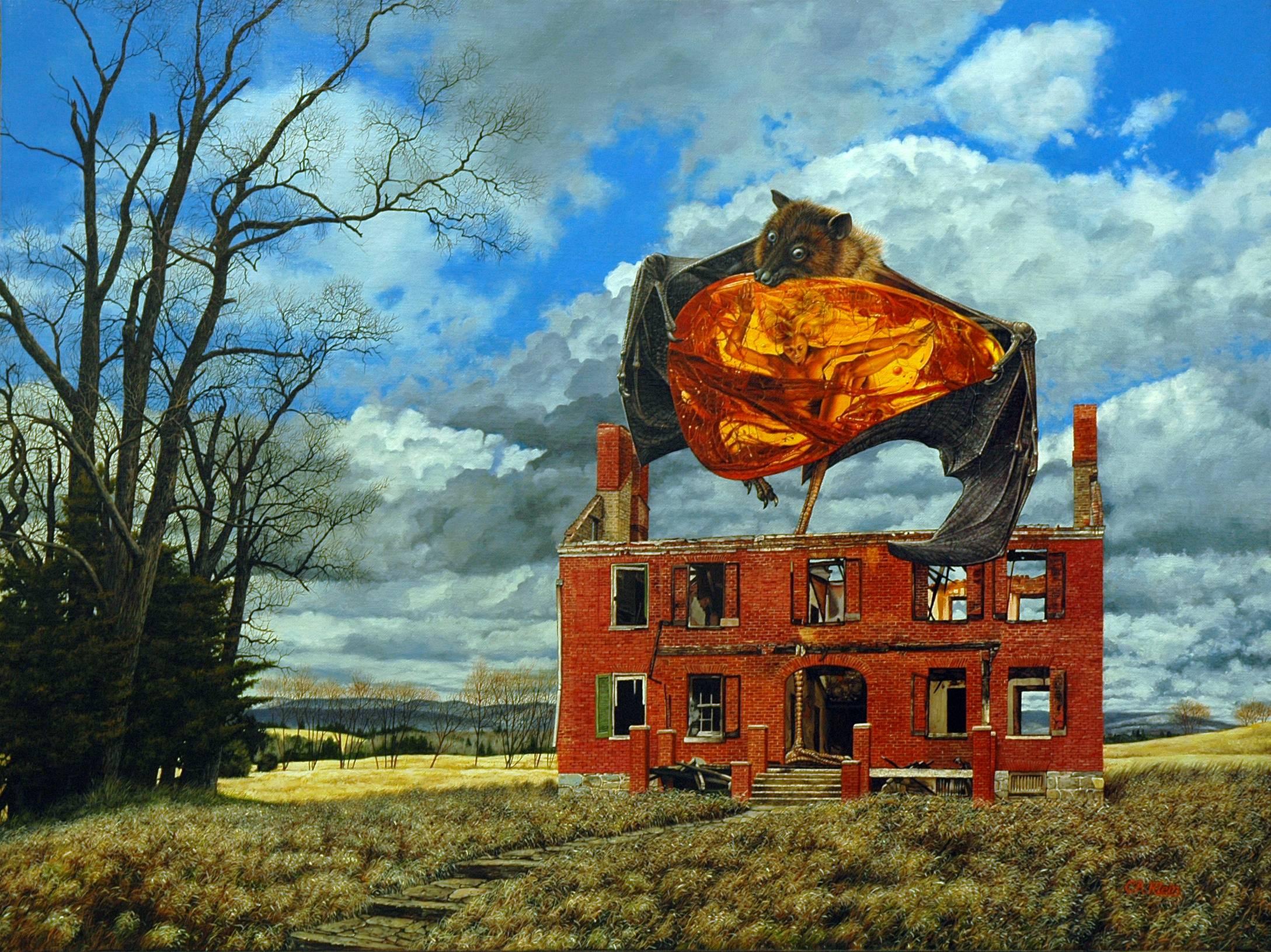 Christopher Klein Animal Painting - Amber Waves - Bat Holding Amber Encased Human Floats Above Dystopian Farmland