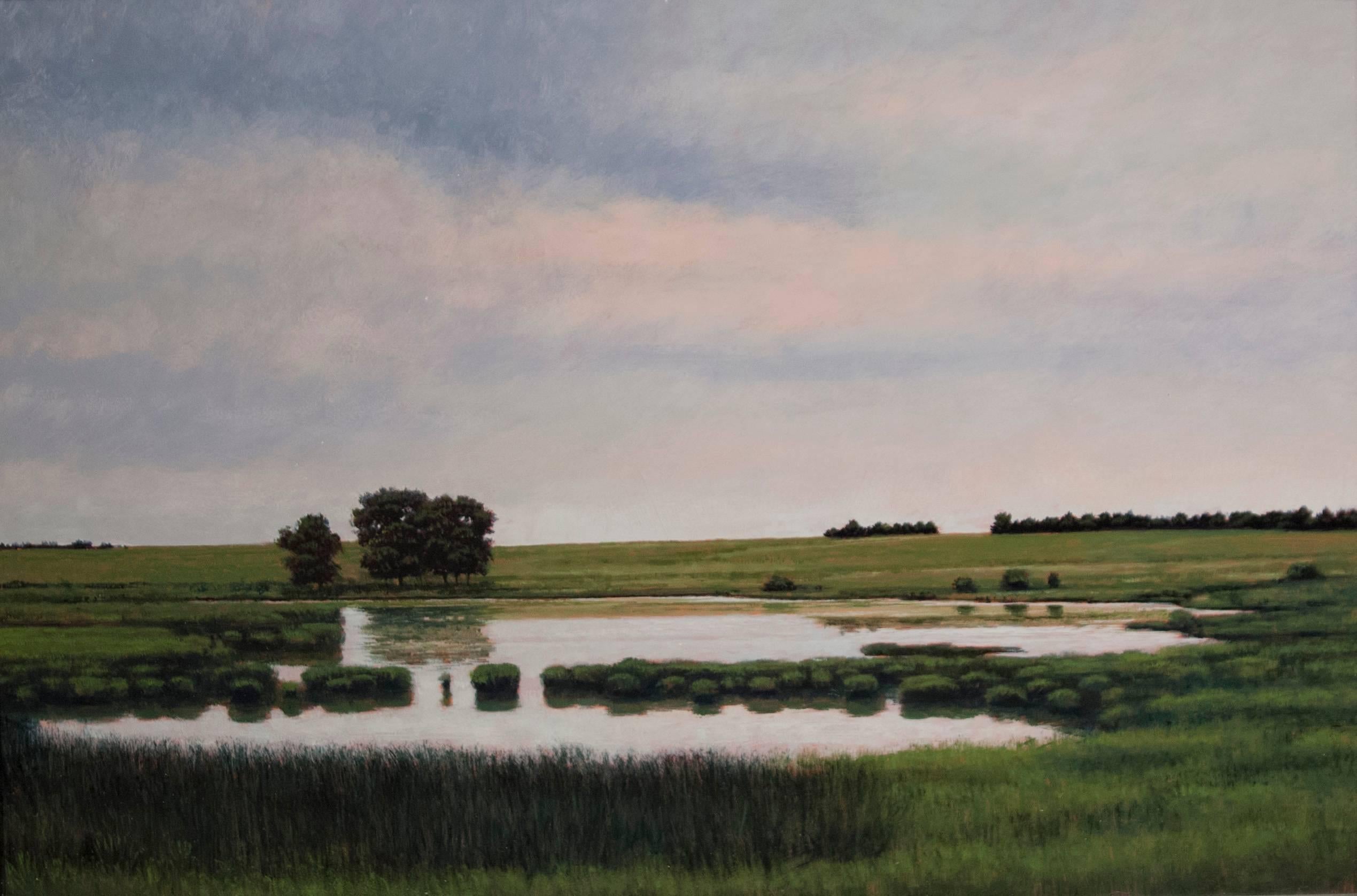 Jeff Aeling Landscape Painting – Teich in der Nähe der St. Cloud, MN – ruhige pastorale Landschaft mit schwimmendem Wasser, gerahmt