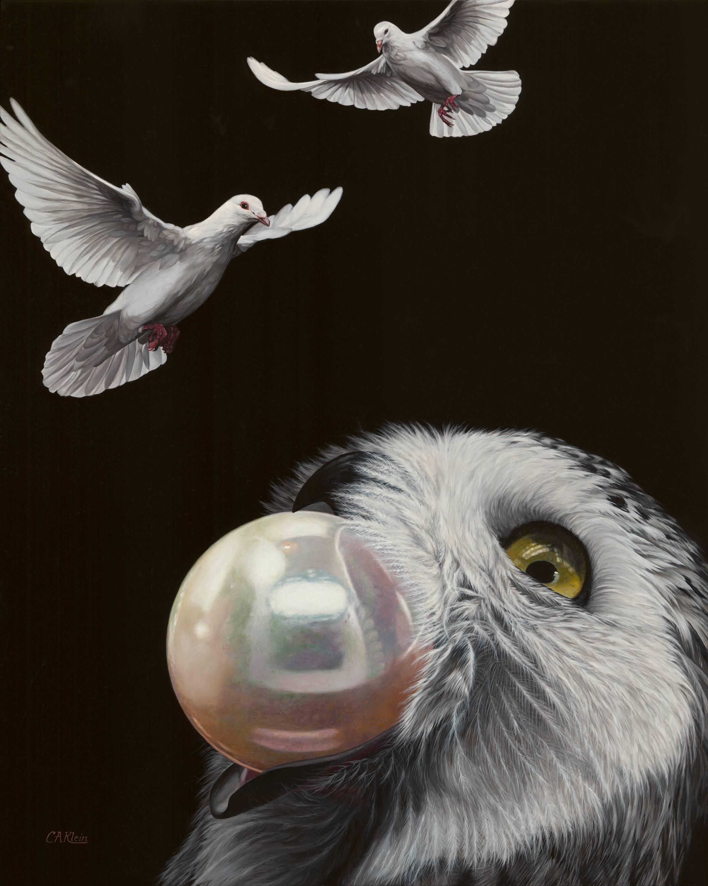 Christopher Klein Animal Painting – Weisheit des Friedens - Wise Eule, Perle der Weisheit und Friedenstauben, Ölgemälde