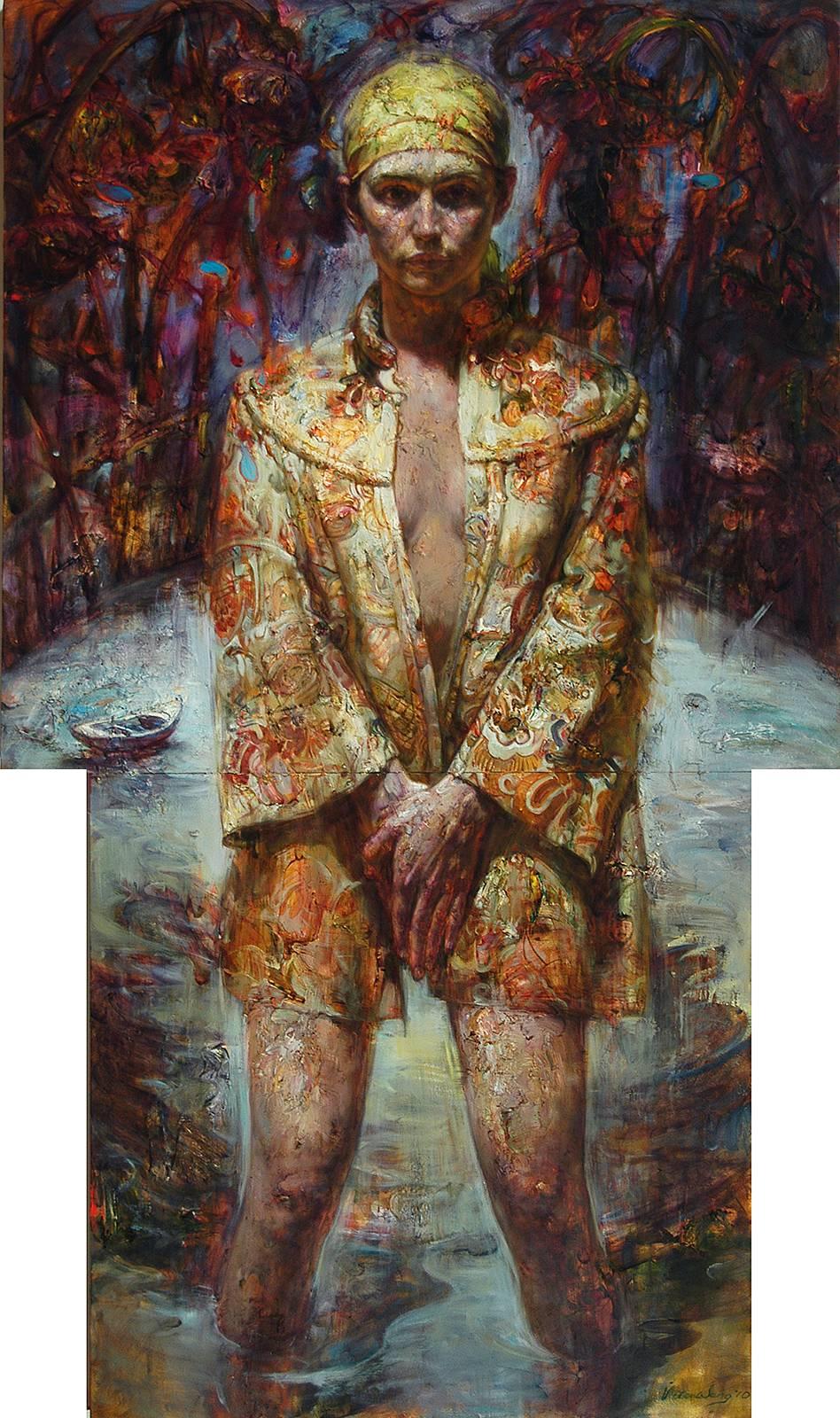 Victor Wang Portrait Painting - The Boat - Kimono Shaped Diptych Original Oil Painting With Female Figure
