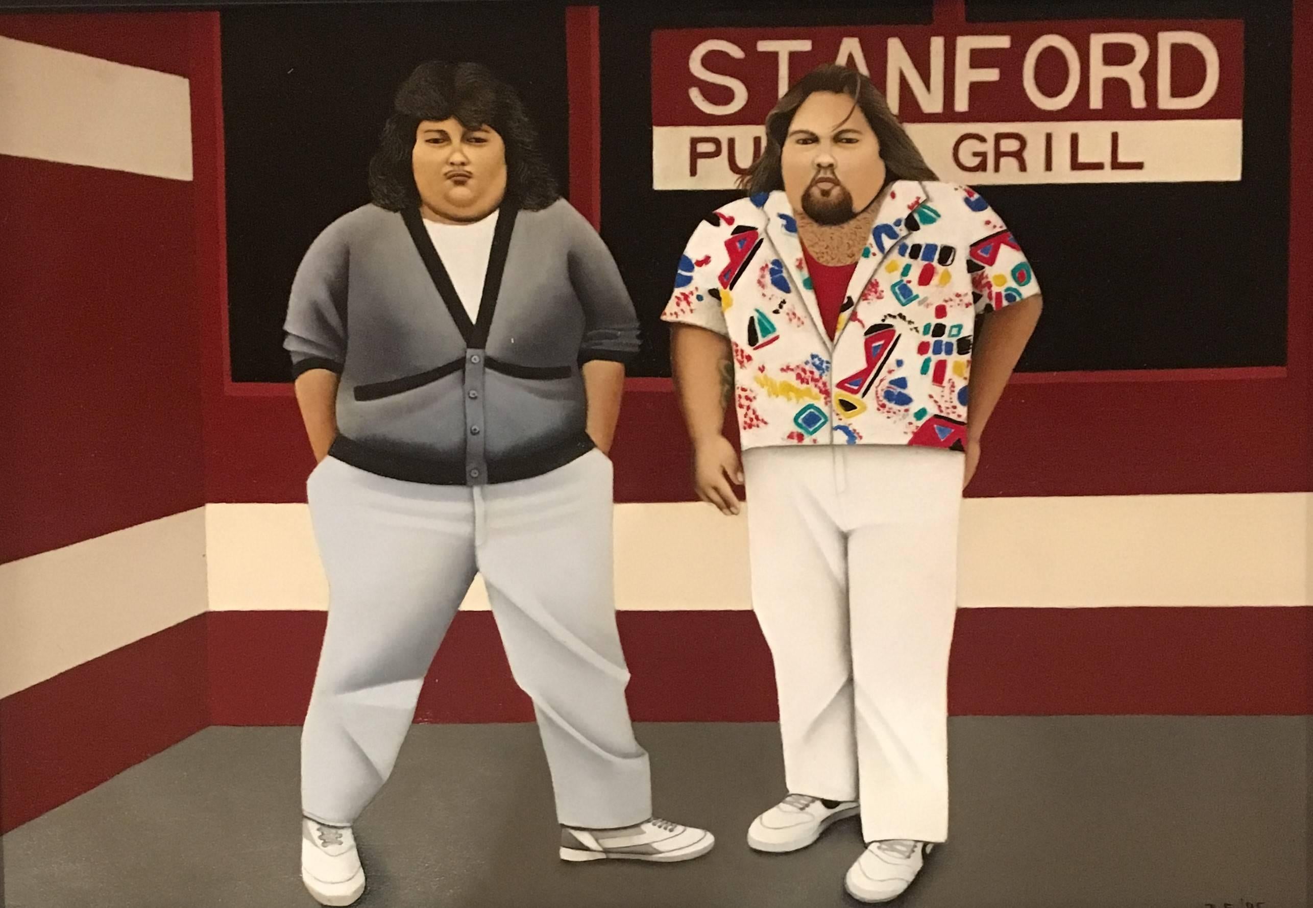 Beth Foley Figurative Painting - Waiting for Botero, Two Portly Male Figures at a Restaurant, Oil on Panel