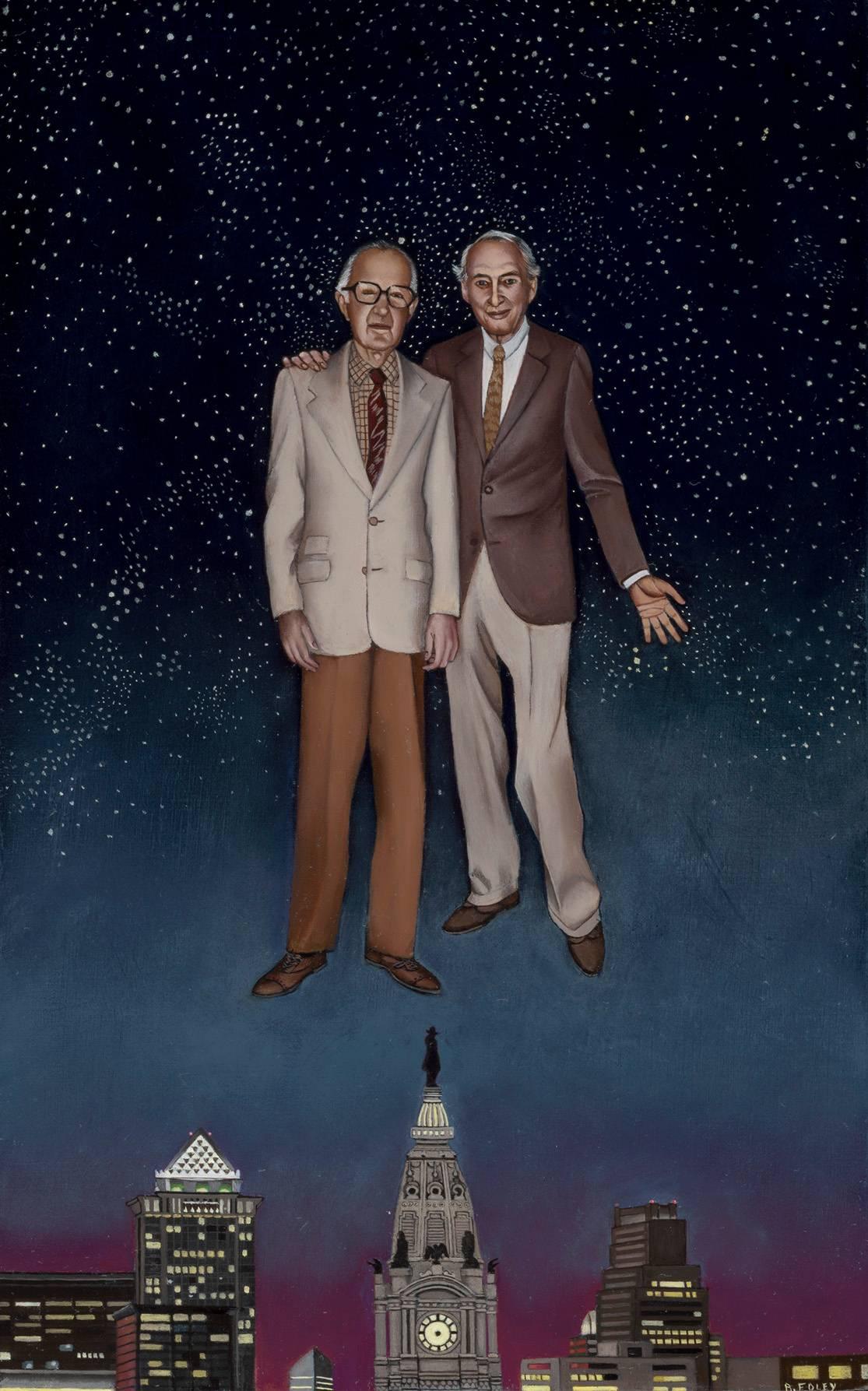 Beth Foley Figurative Painting - To Be Born Again - First You have to Die, Two Male Figures Floating Above a City