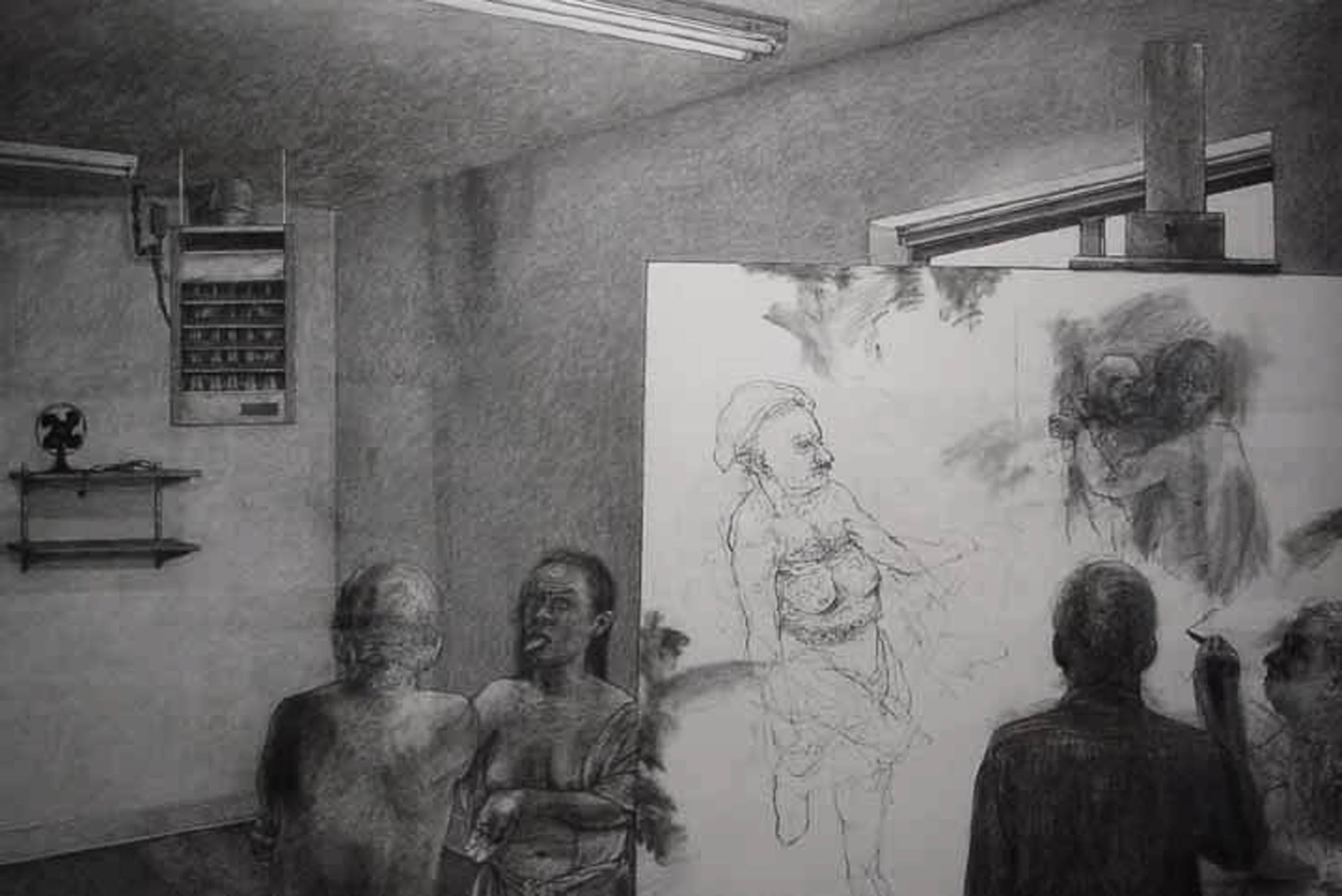 David Becker Figurative Art - Unruly Muse - Allegorical Drawing of the Artist in The Studio with Models