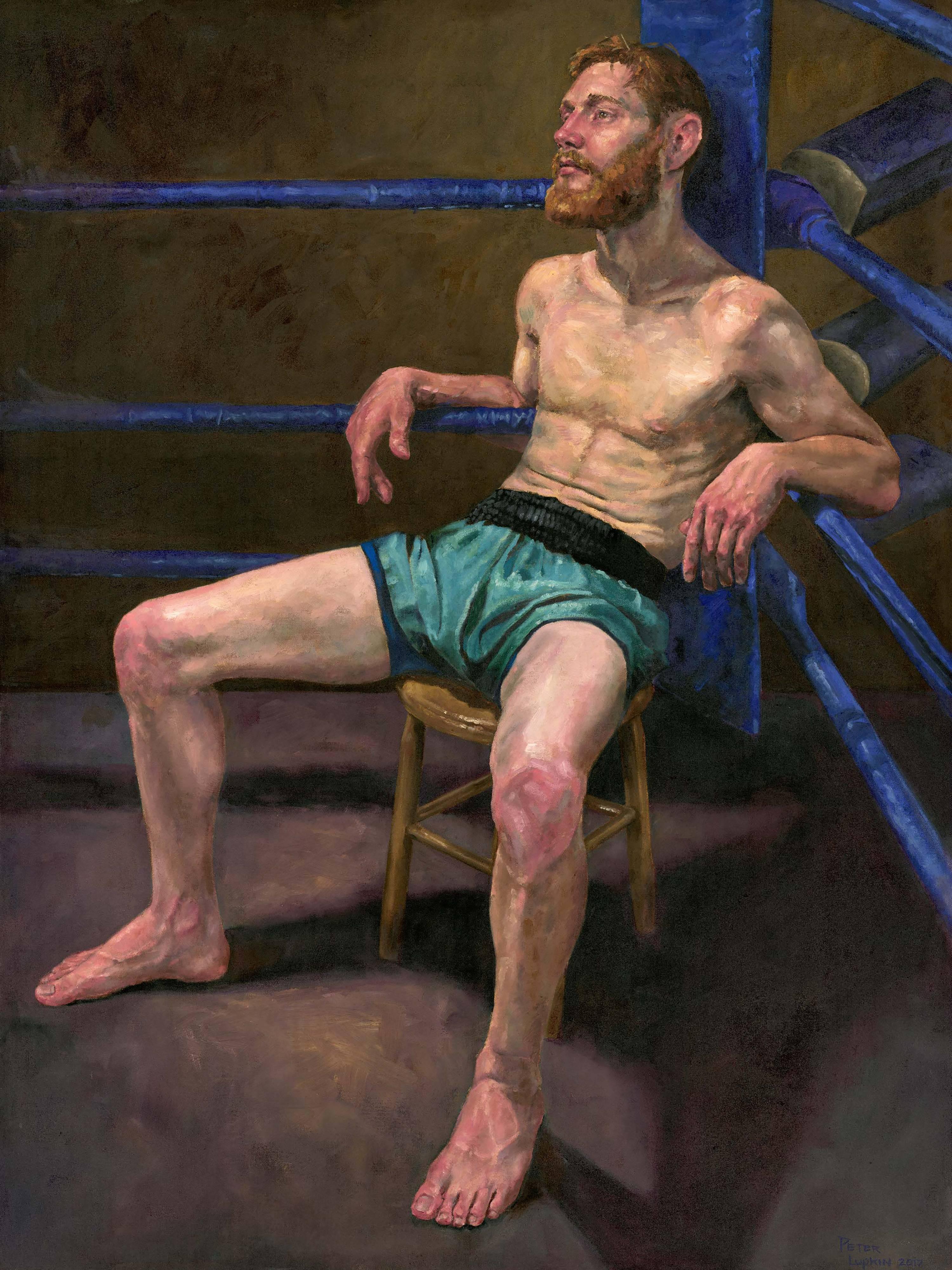 Peter Lupkin Figurative Painting – Pyrrhus - Original Ölgemälde eines Kämpfers in Shorts, sitzend im Ring