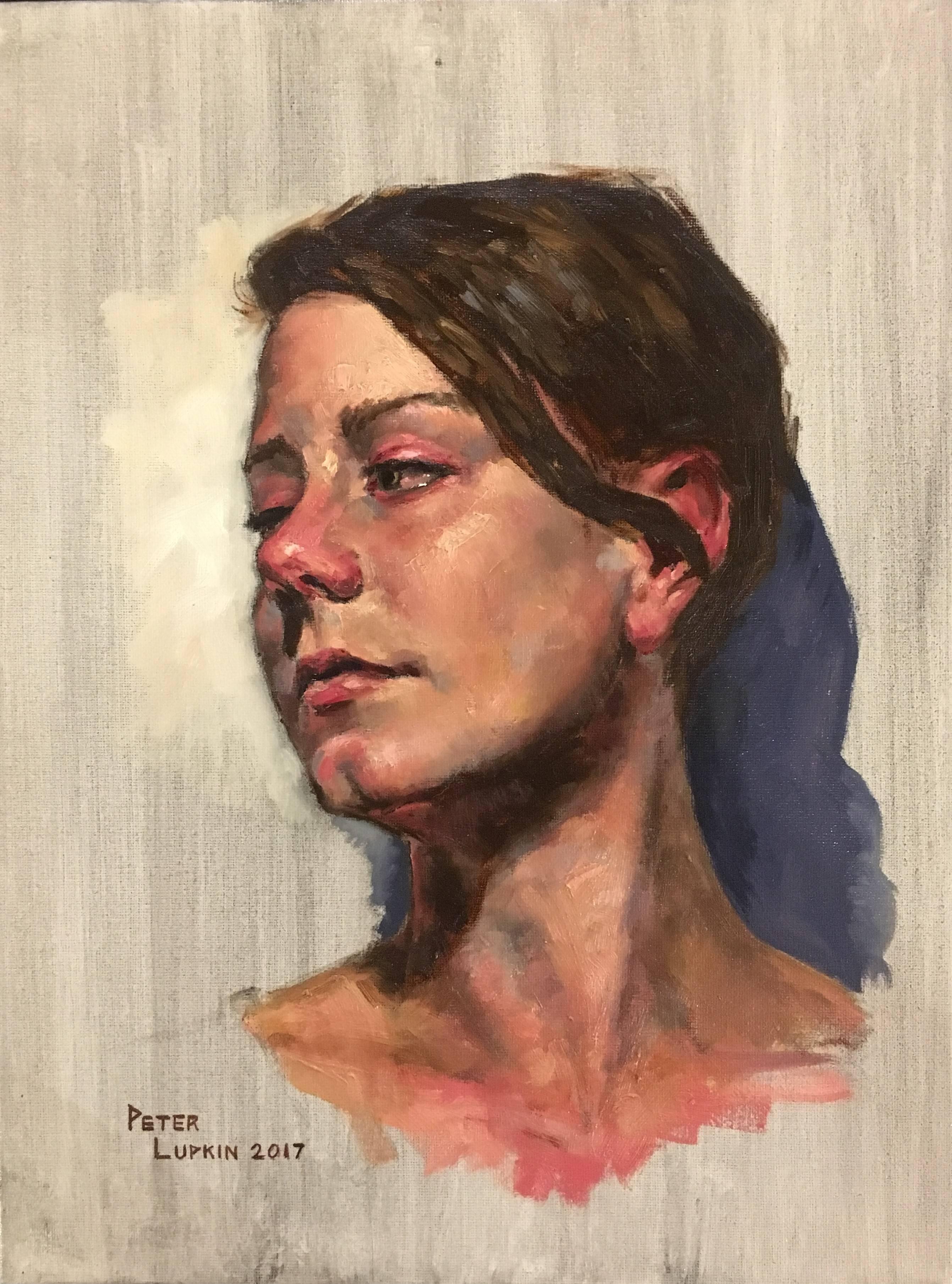Peter Lupkin Portrait Painting – Ohne Titel, Porträt einer weiblichen Frau, die sich über ihre Schulter blickt, Original, Öl auf Leinwand
