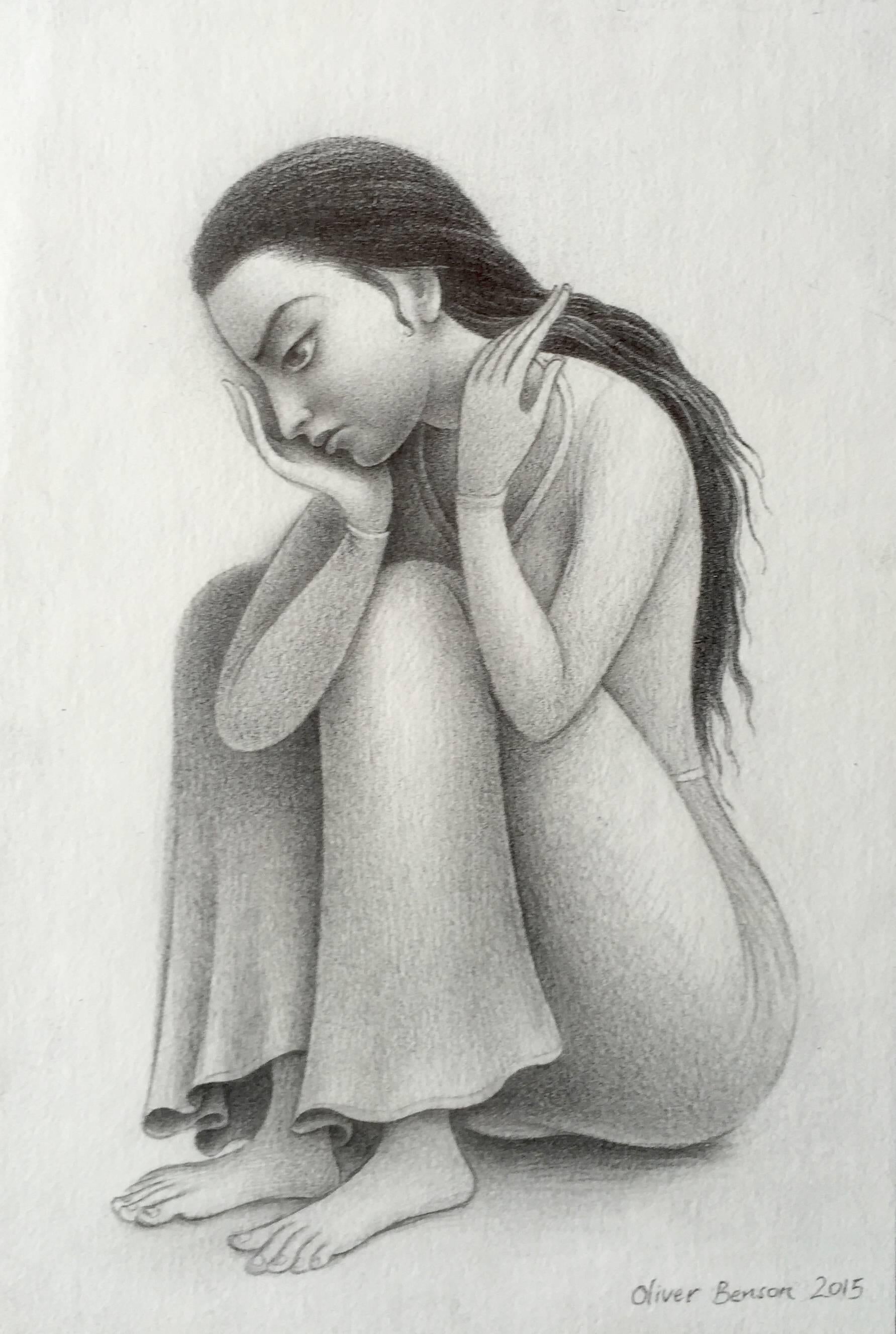 Oliver Hazard Portrait - Despondent Maiden, Female Figure, Highly Detailed Pencil Drawing, Framed
