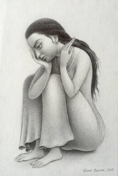 Despondent Maiden, Female Figure, Highly Detailed Pencil Drawing, Framed