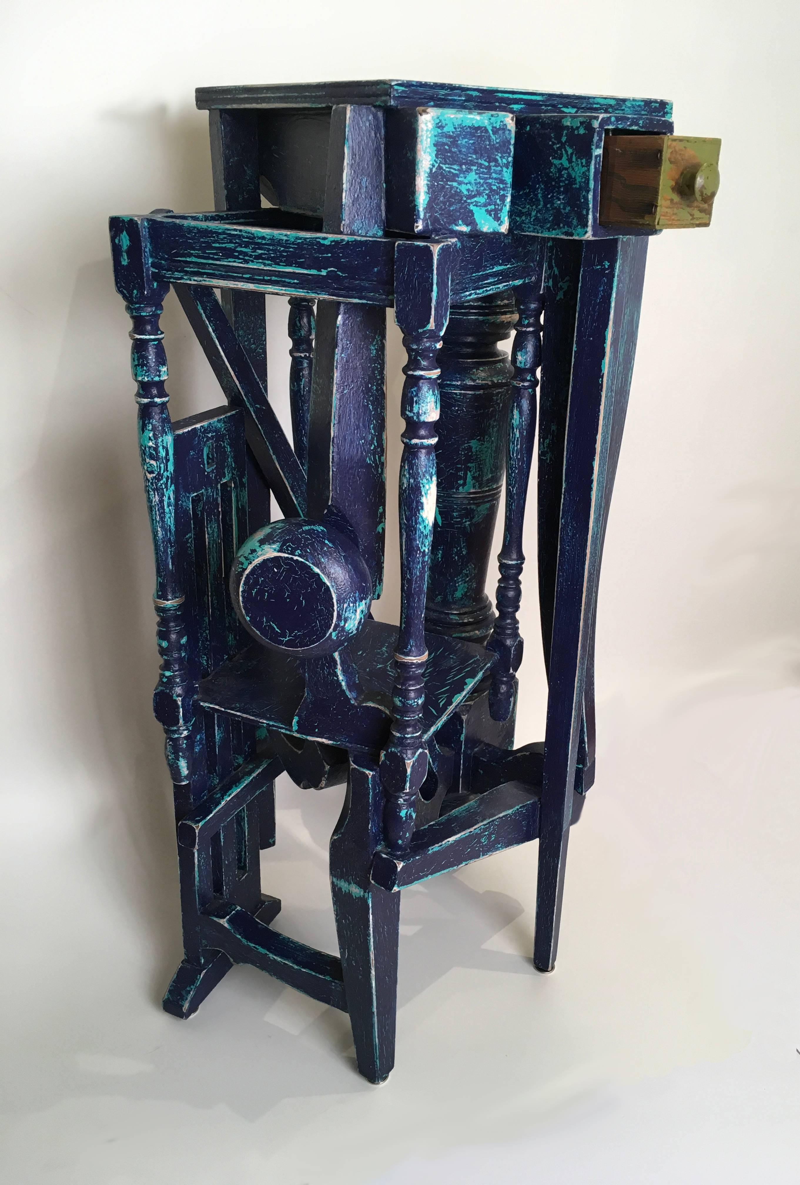 Crash Table 5, Found Object Pedestal Sculpture with Drawer - Mixed Media Art by John Seubert