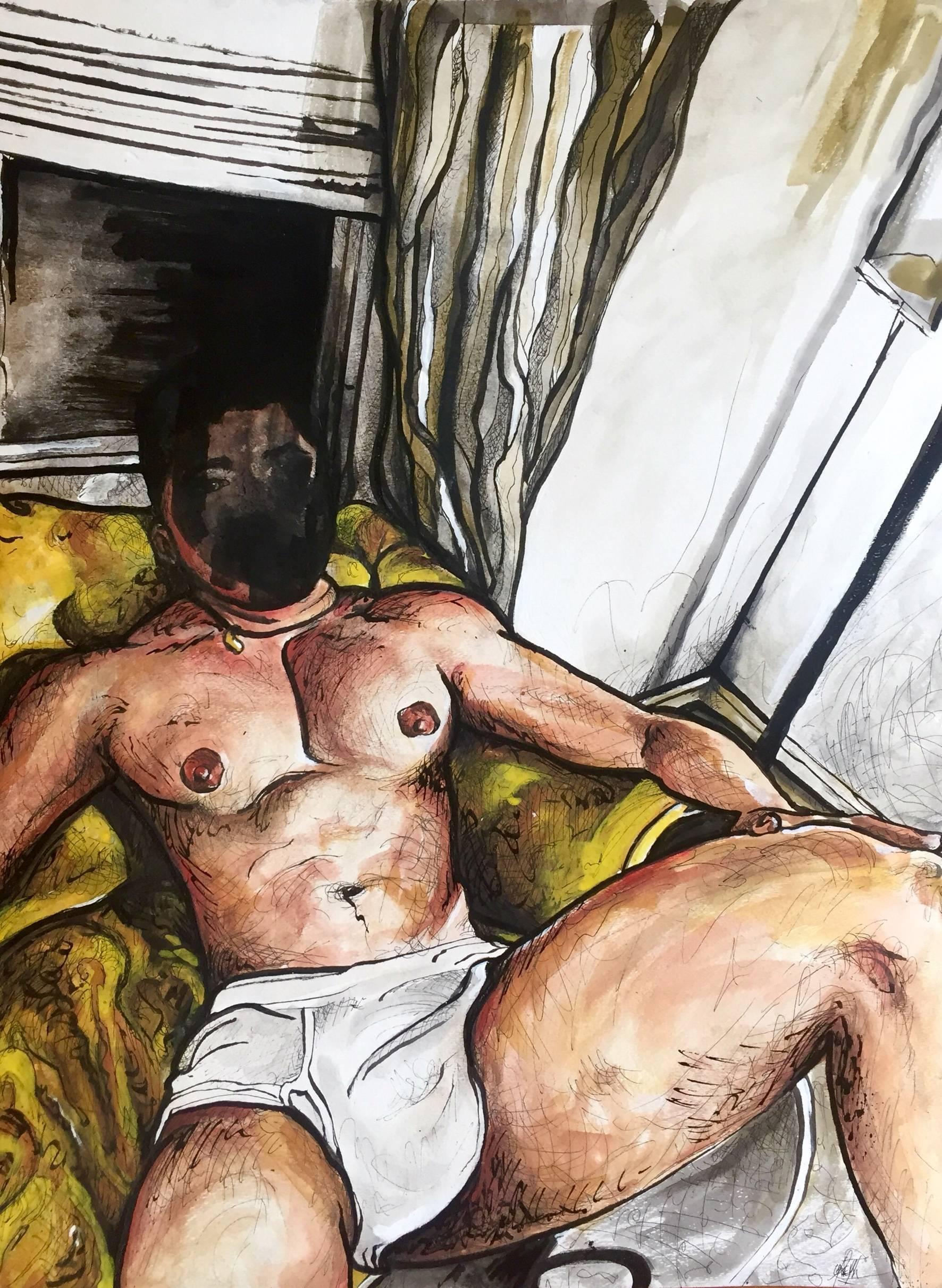 Garek Figurative Art - Sustenance, Stealer of Cells - Nude Male Pin-up Watercolor Painting