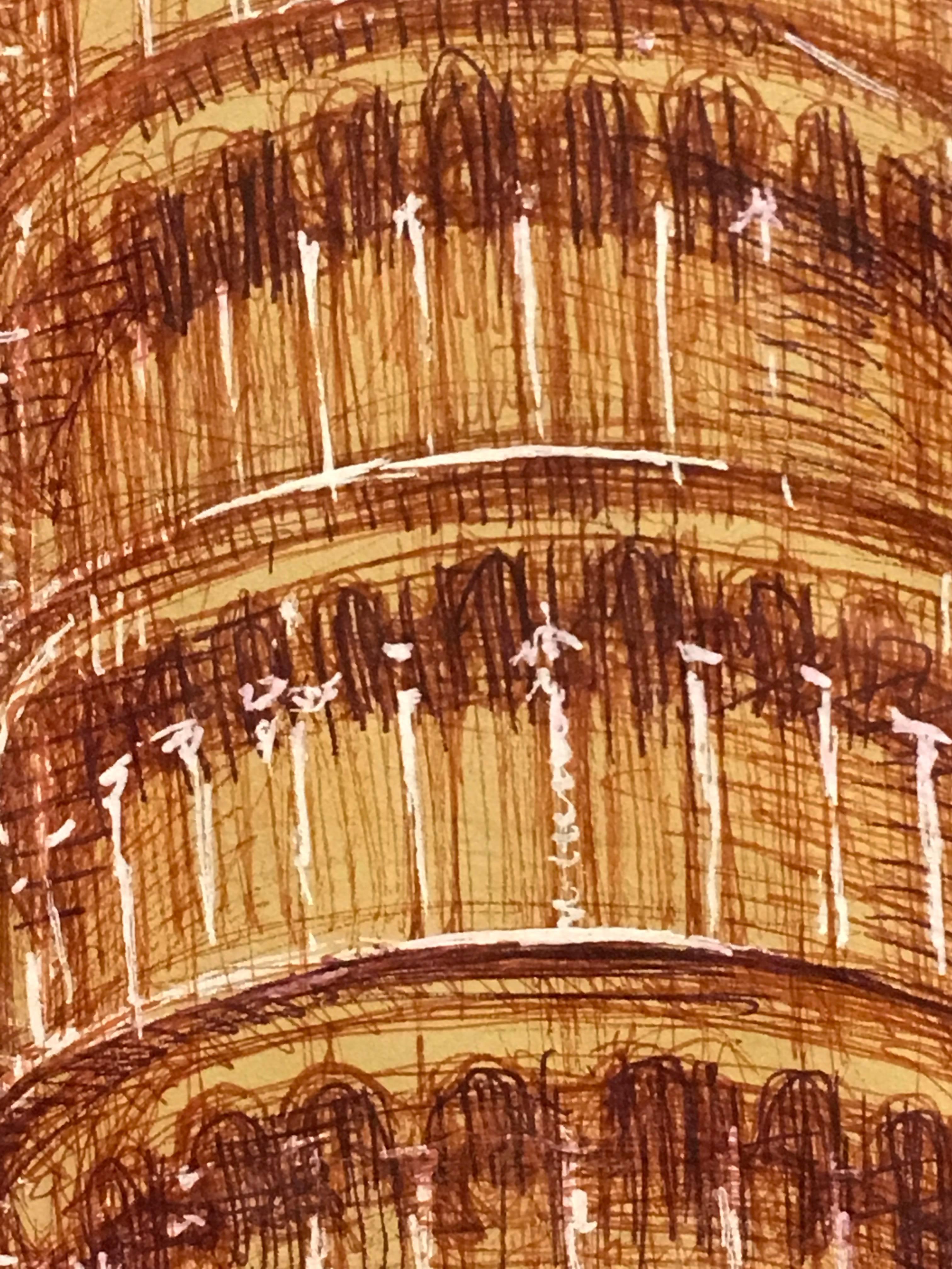 The Belltower of Piza, eine Pleine-Aire-Studie mit Feder und Kreide, paspeliert und gerahmt (Zeitgenössisch), Art, von Christopher Ganz