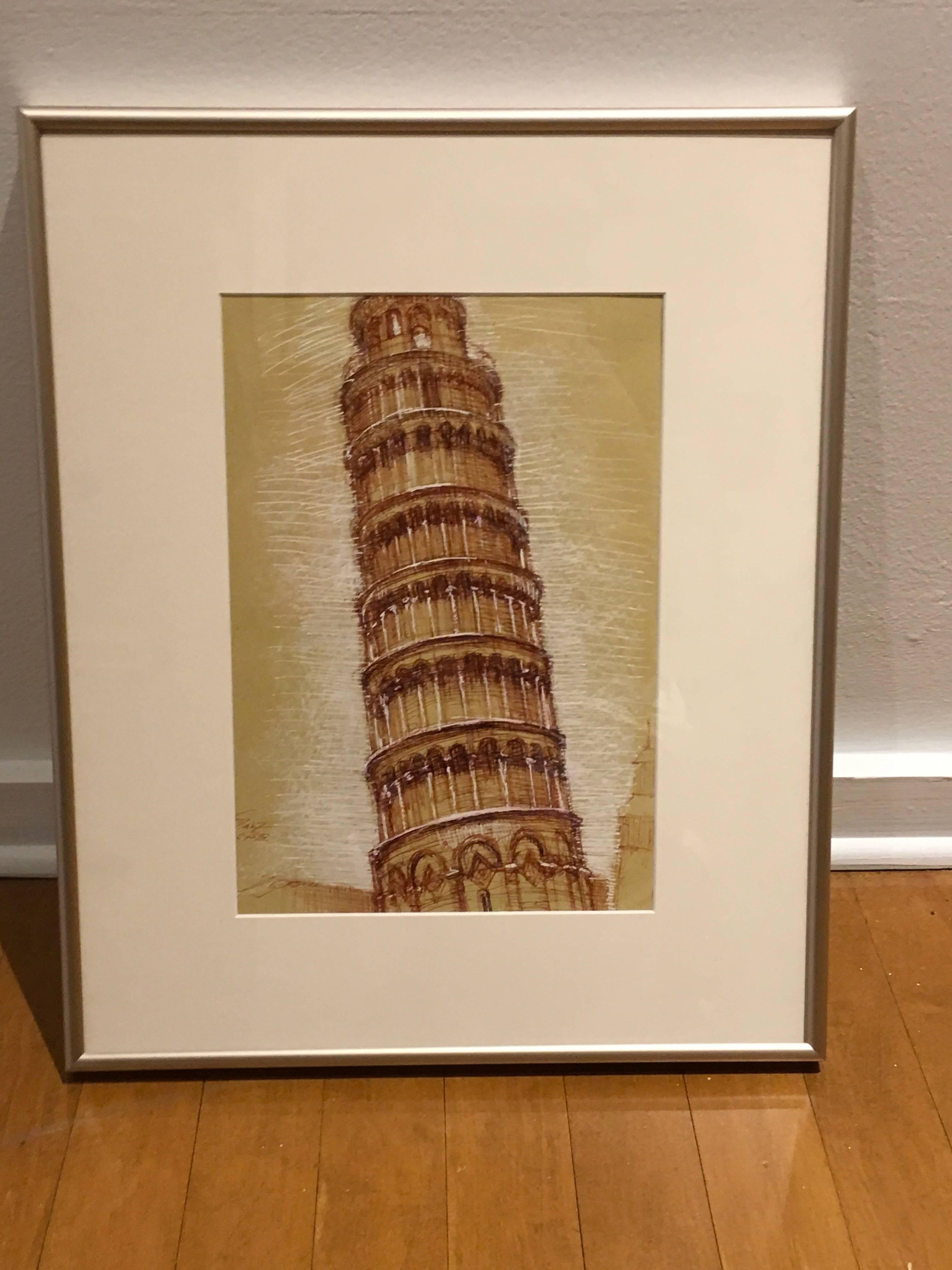 El campanario de Piza, estudio plein air a pluma y tiza, mateado y enmarcado - Art de Christopher Ganz