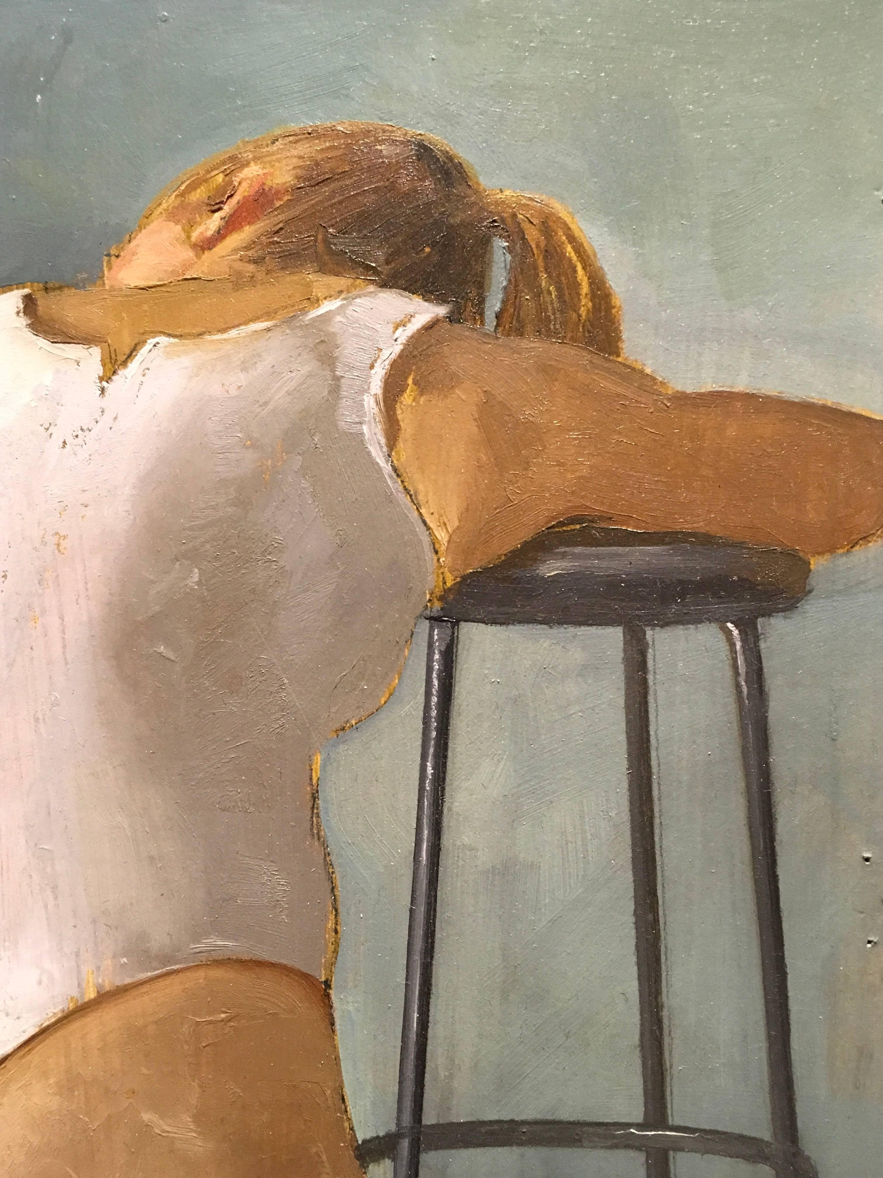 Sitzend in weißem Leotard - Original Ölgemälde Studie mit weiblicher Figur auf Hocker, beidfarben (Zeitgenössisch), Painting, von Andrew S. Conklin
