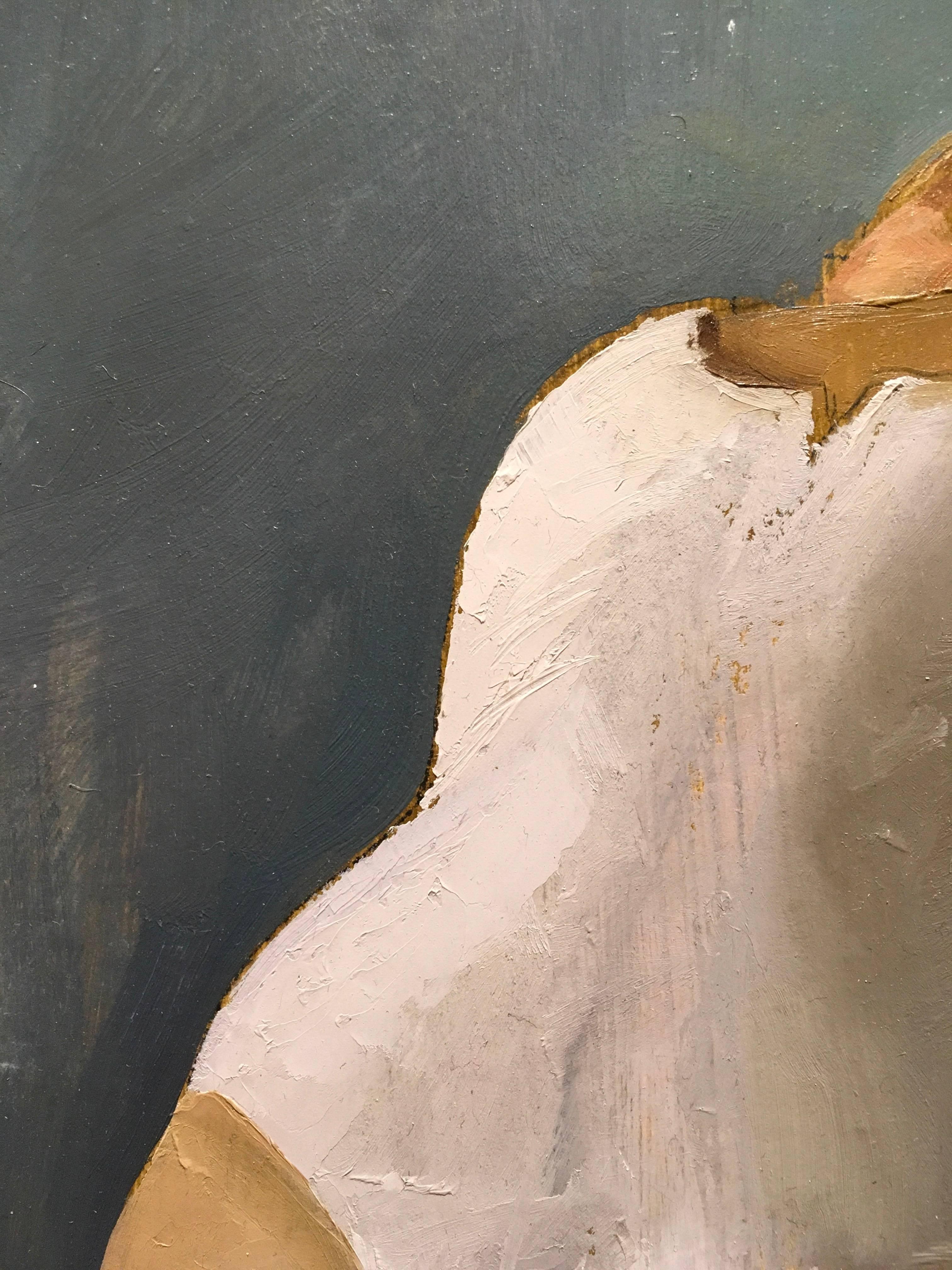 Sitzend in weißem Leotard - Original Ölgemälde Studie mit weiblicher Figur auf Hocker, beidfarben (Grau), Figurative Painting, von Andrew S. Conklin