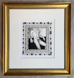 Male Nude with Geometric Border, Framed Graphite Drawing on Paper