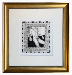 Male Nude with Geometric Border, Framed Graphite Drawing on Paper