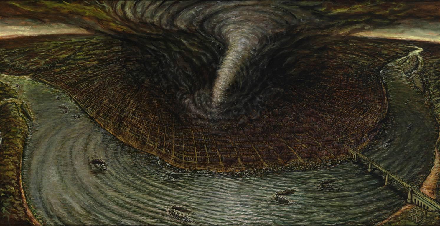 Landscape Painting di Eric Edward Esper - Il Grande Ciclone di St. Louis, rappresentazione storica di eventi reali, originale