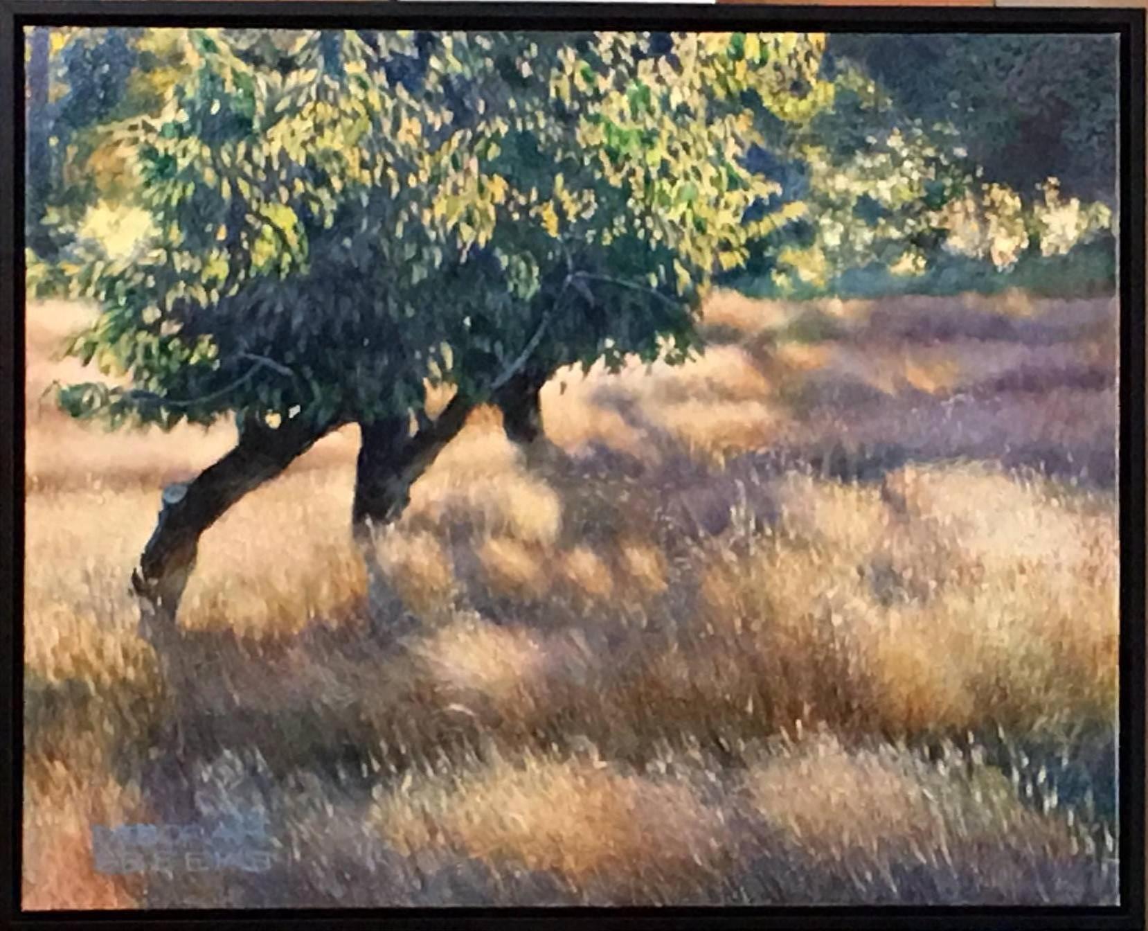Sunrise - Field and Trees Basked in Bright Morning Light, Oil on Canvas Painting (Grau), Landscape Painting, von Deborah Ebbers