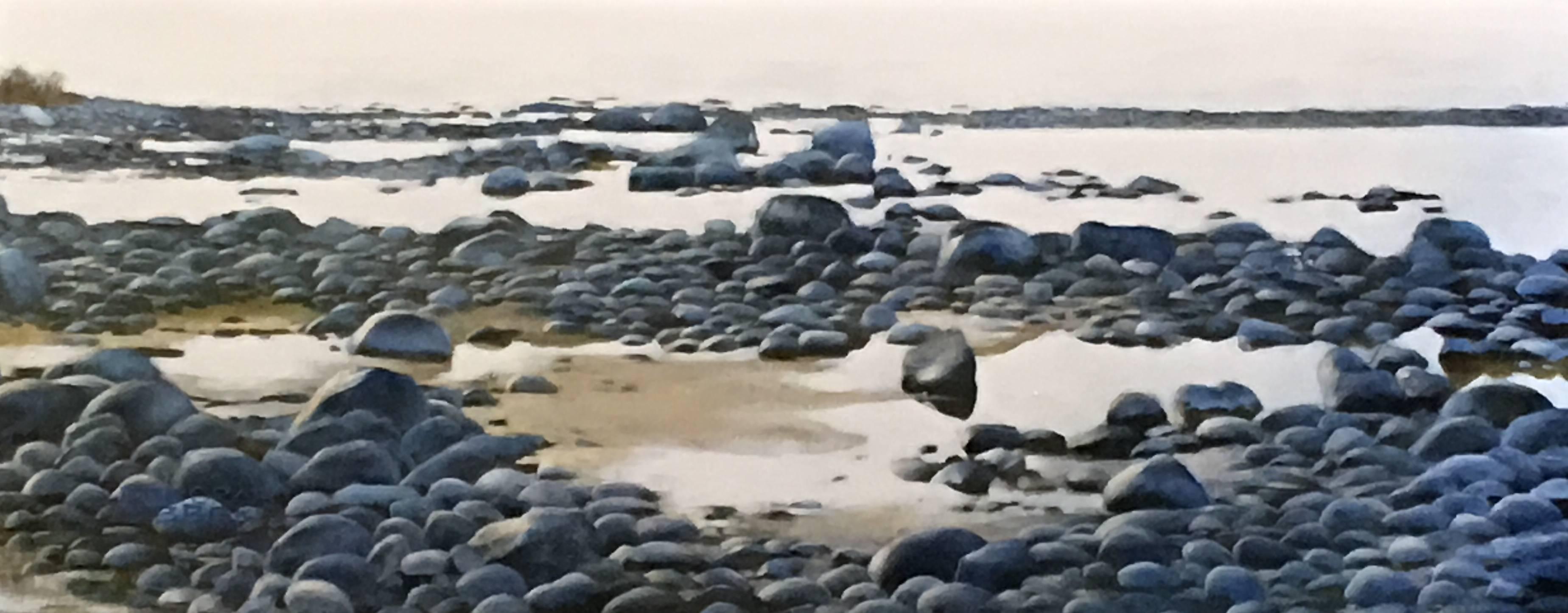 Deborah Ebbers Landscape Painting - Going Blue - Original Oil on Canvas Painting with Water and Stones at the Shore