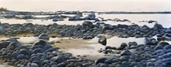 Going Blue - Original Oil on Canvas Painting with Water and Stones at the Shore
