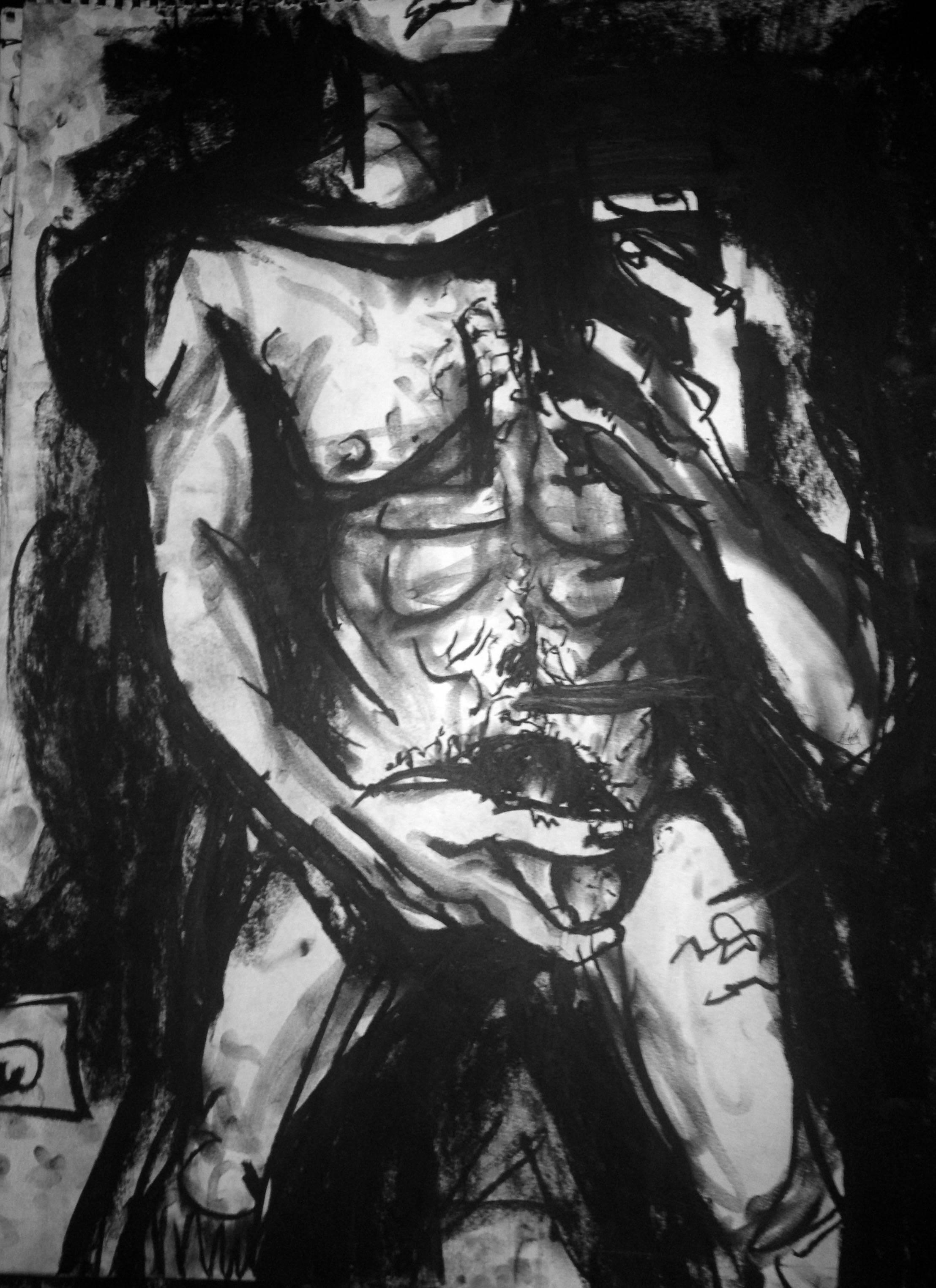 Grip, Male Nude Selfie, Charcoal on Paper, Framed