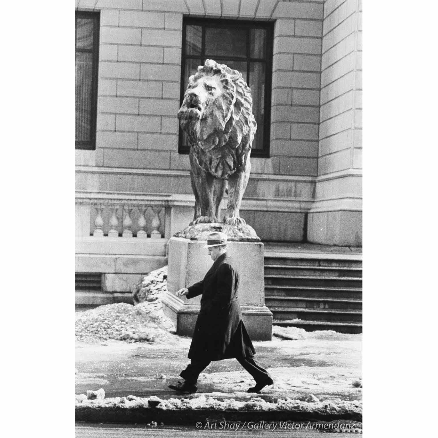 Art Shay Black and White Photograph - Mafia Boss Tony "Big Tuna" Accardo in Front of Big Lion, Chicago 1959