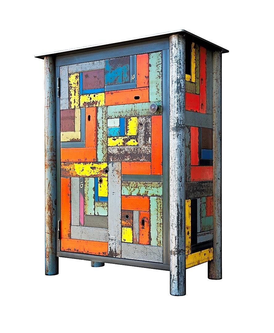 One Door Housetop Quilt Cupboard - Steel Furniture with Gee's Bend Quilt Design - Art by Jim Rose