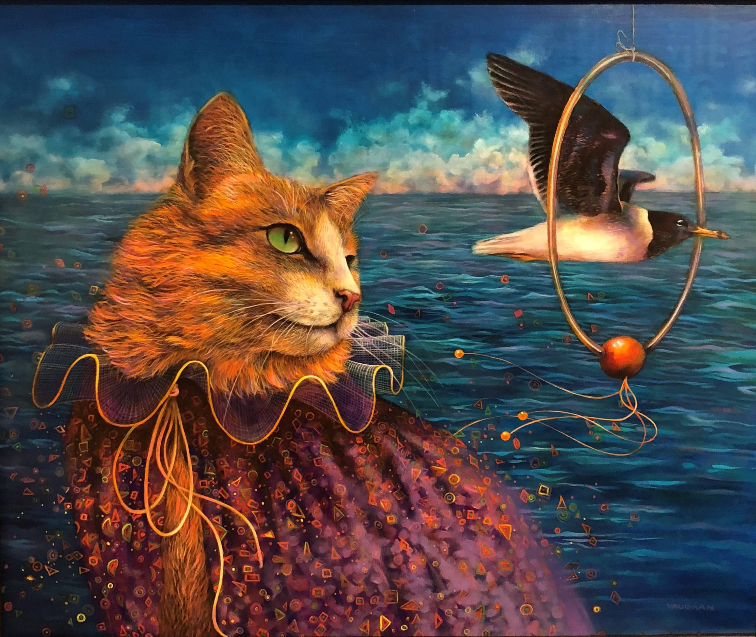 Wendy Vaughan Animal Painting – Tricks - Original Ölgemälde, anthropomorphe Szene mit Katze und Möwen