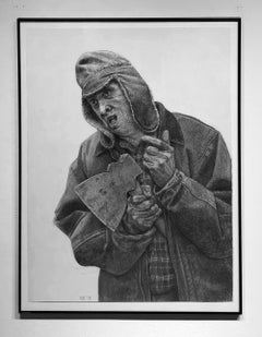 Pritzlaff - 1903, Uomo con un'ascia in mano e un cappello da aviatore, disegno a carboncino
