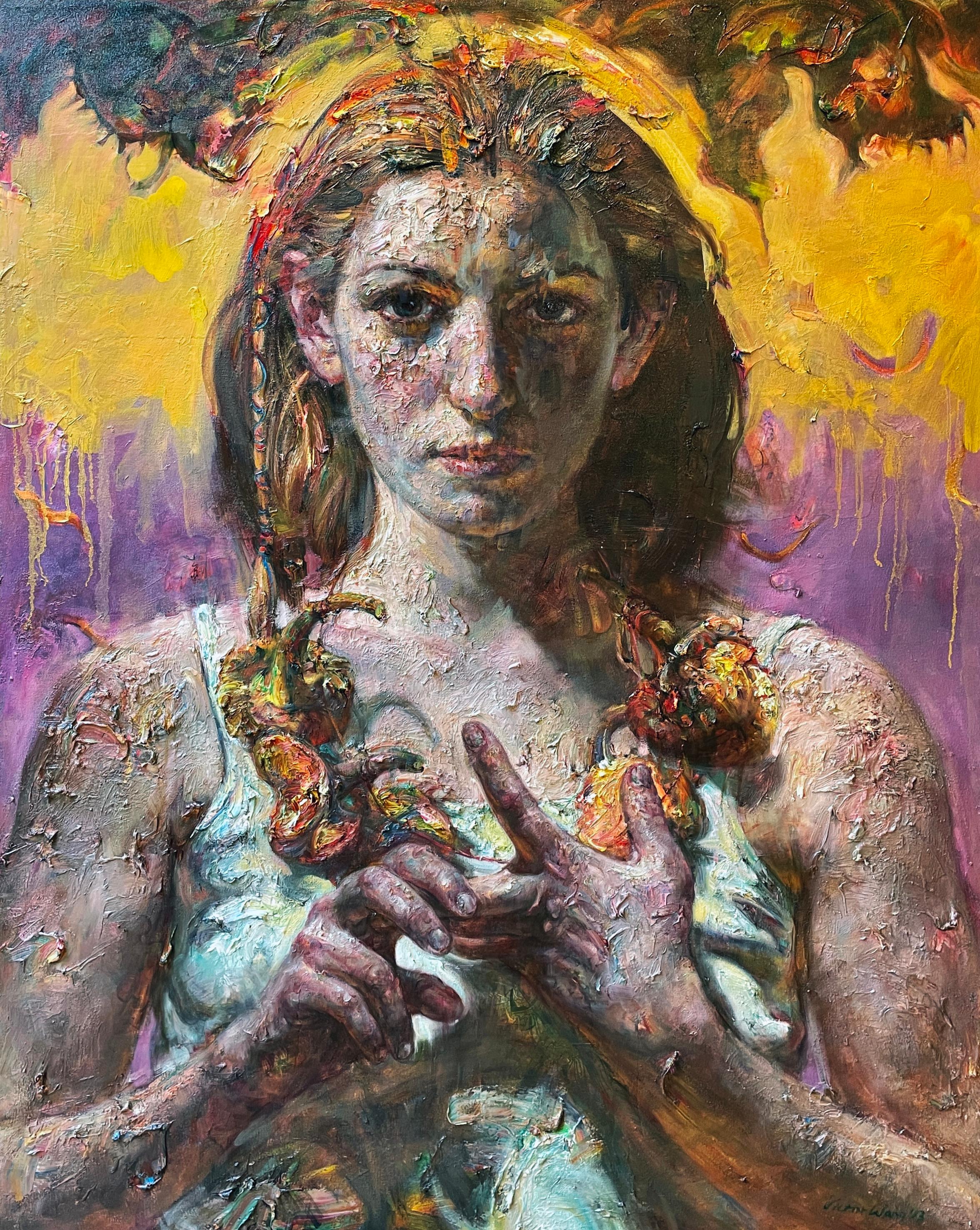 Purple Sky - Female Figure with Auburn Hair, Highly Textural Oil Painting 4