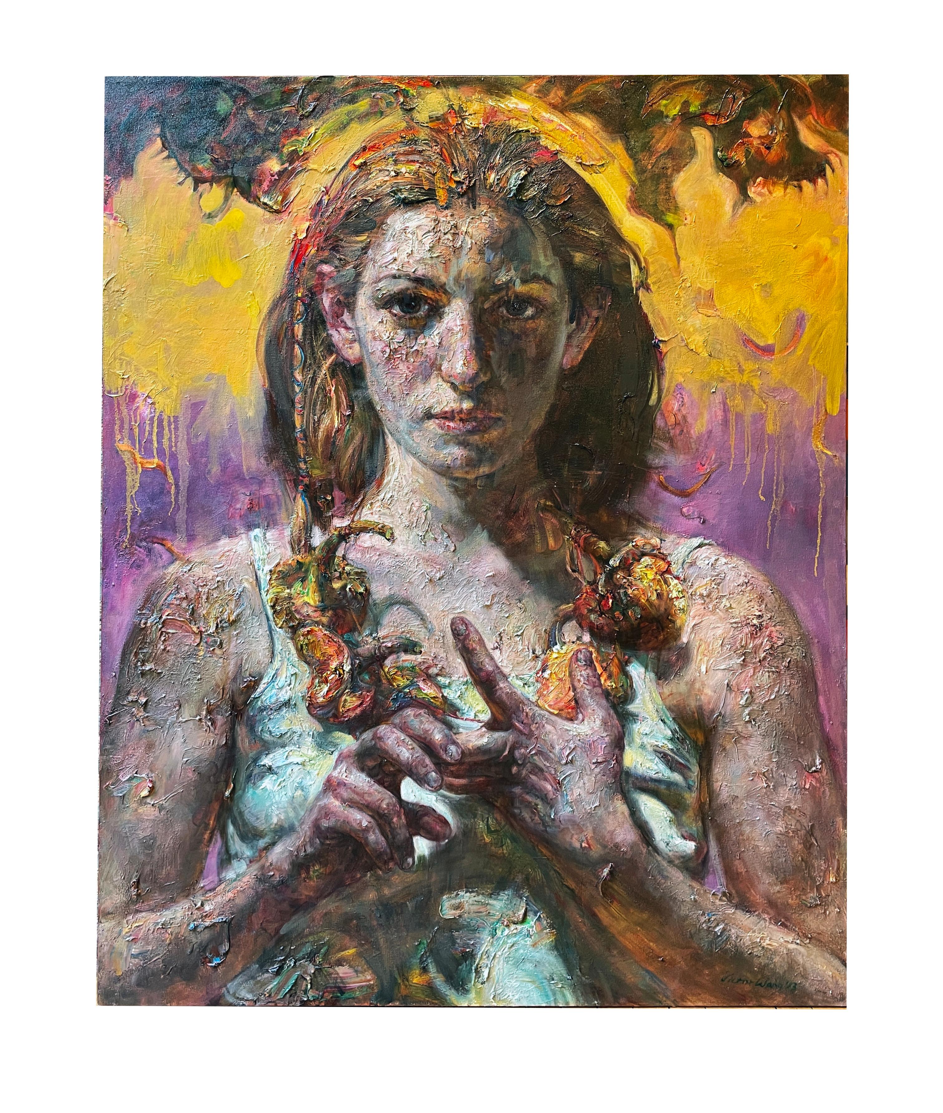 Purple Sky - Female Figure with Auburn Hair, Highly Textural Oil Painting 5