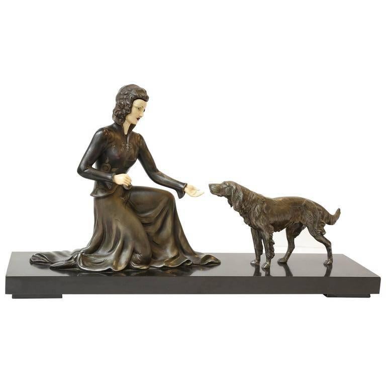 Unknown Figurative Sculpture - Lady and a Dog