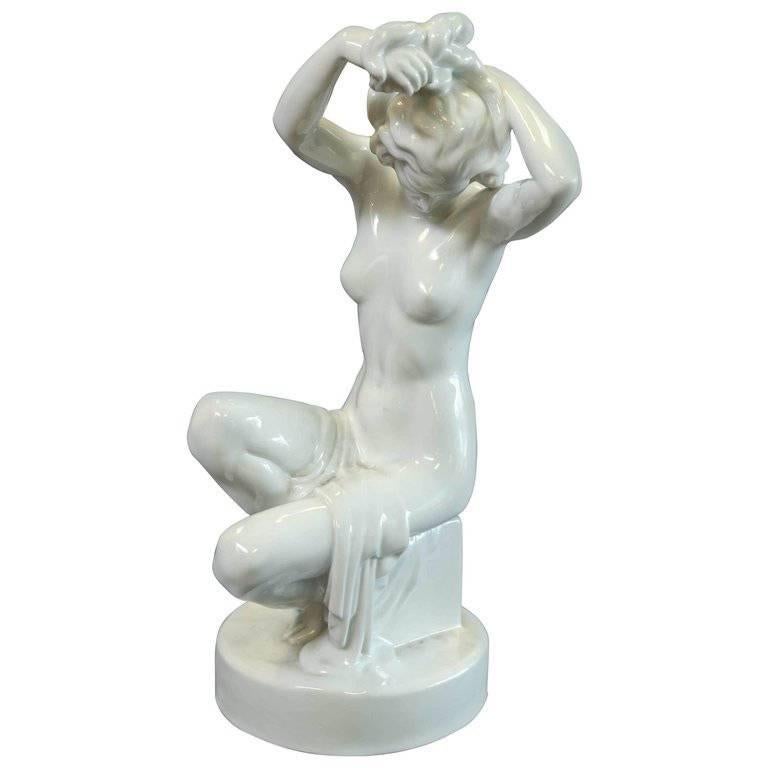 Herend female nude figure, hand-painted. # 5700. Lux Eleh, inscribed on the base lower right. Condition is perfect, circa 1960s. Has Herend stamp on the bottom  Measure: 21” H x 8.5” W.