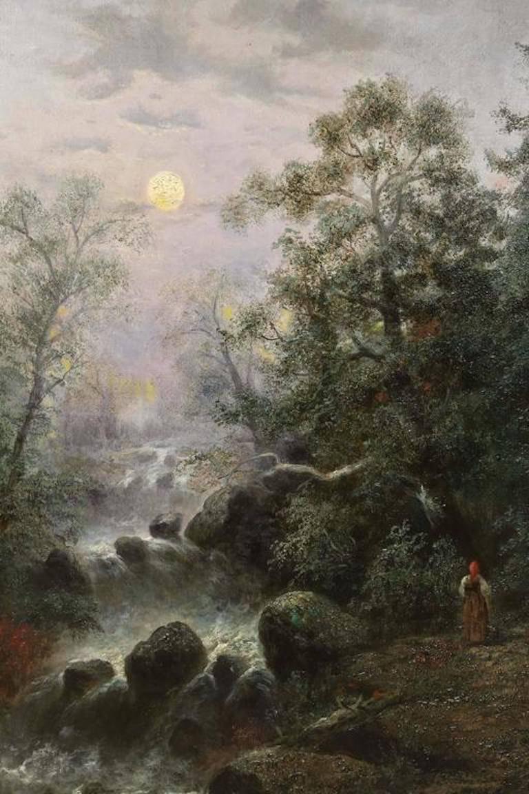 Moonlit View of a Woman on Path Alongside a Rocky Stream - Painting by Heinrich Christoph Kolbe