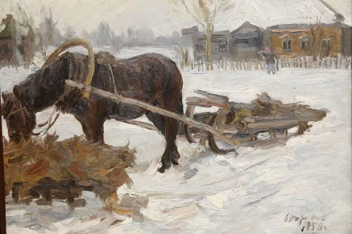Winter. Horse is Tired - Painting by Aleksey Mihaylovich Starostin