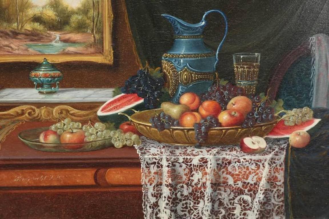 Still Life with Fruits - Painting by Karoly Reinprecht