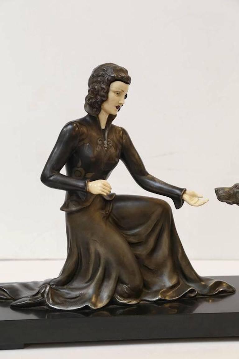 Lady and a Dog - Sculpture by Unknown