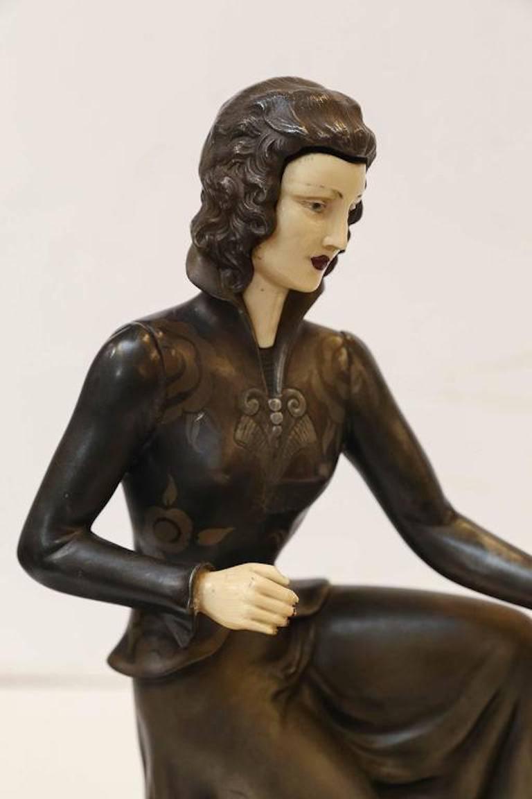 Lady and a Dog - Black Figurative Sculpture by Unknown
